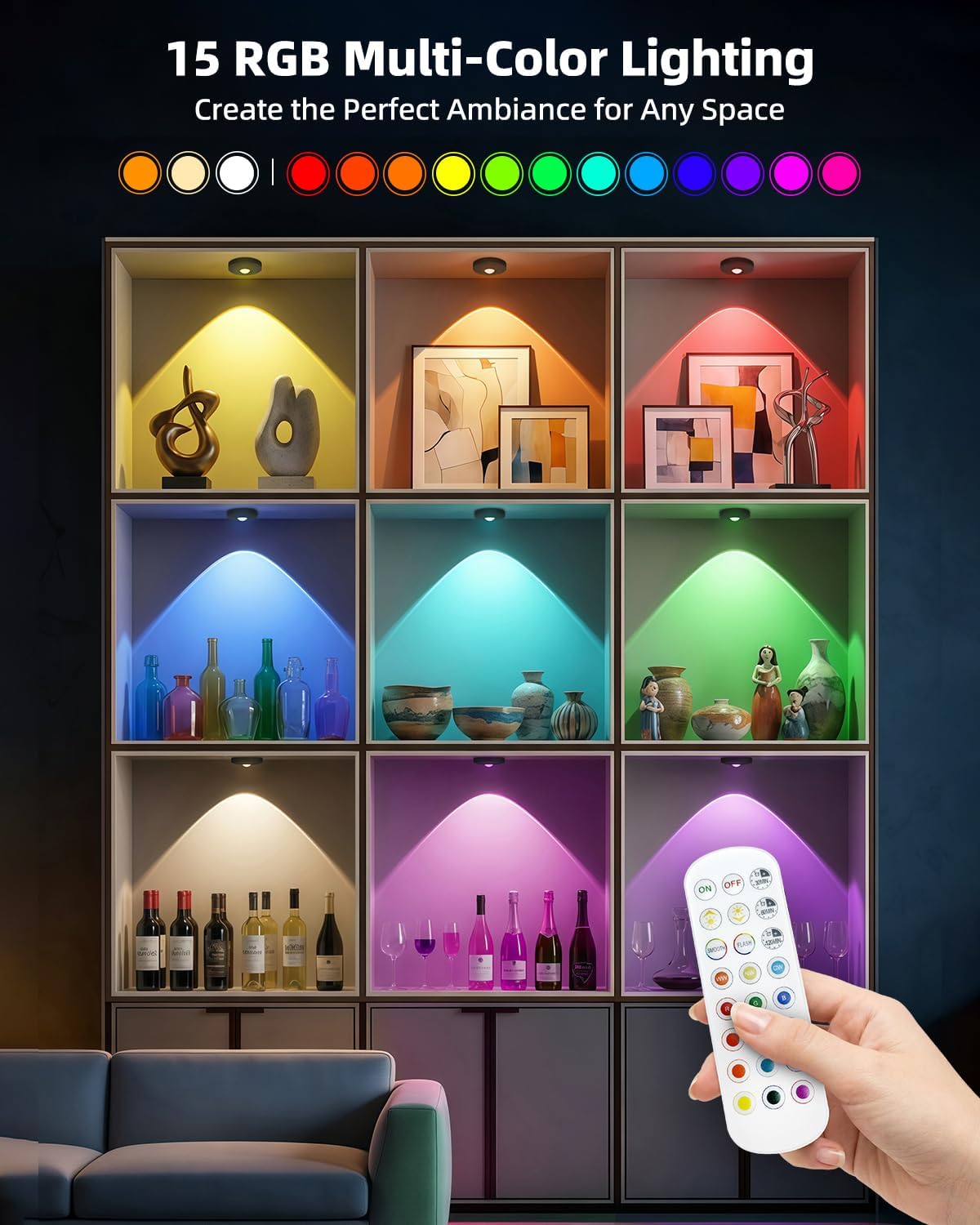 Rechargeable RGB Puck Lights with Remote Control, 1500mAh Battery Operated Push Lights, Dimmable &amp; Timer Under Cabinet Lighting for Closet, Bedroom, Kitchen Black 6Pcs
