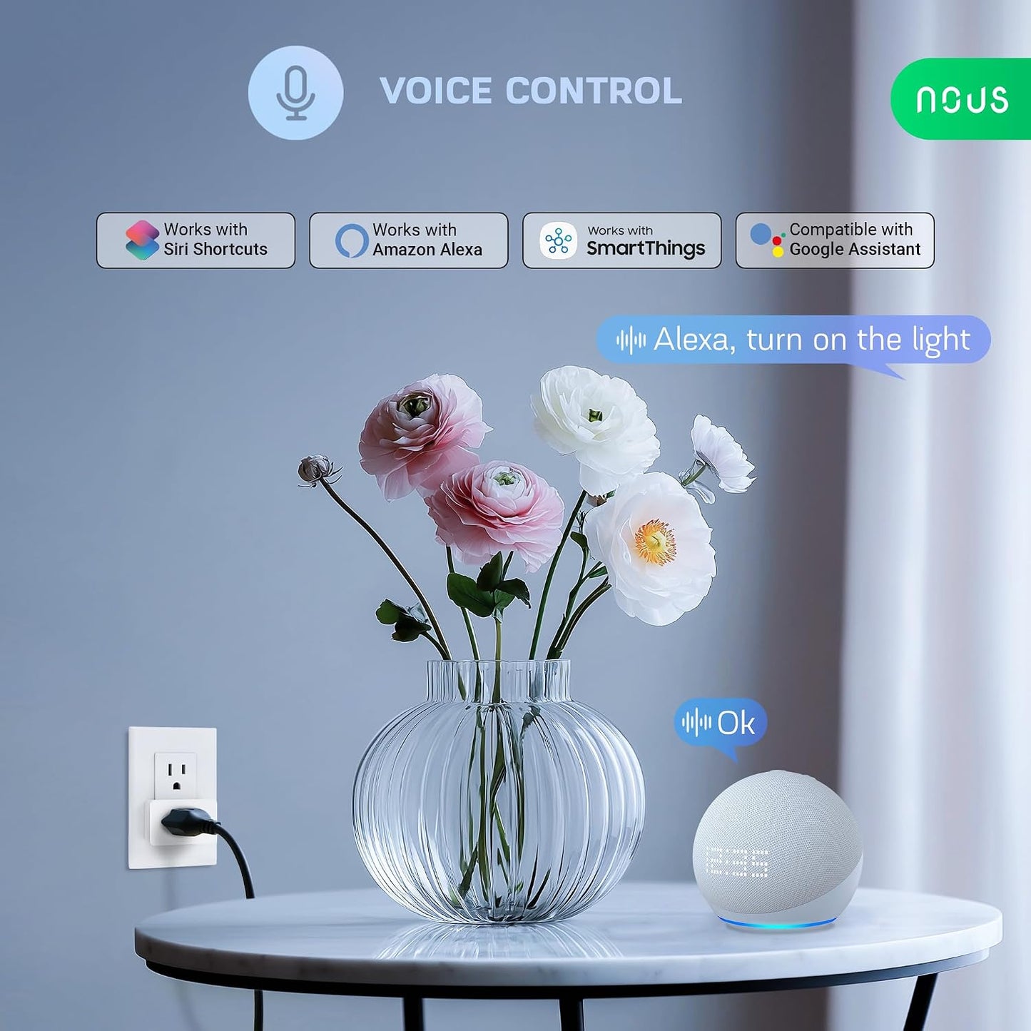 NOUS Wi-Fi Smart Plug 15A, Dual-Band 2.4GHz & 5GHz, Energy Monitoring, Compatible with Alexa, Google Home, Tuya App, Remote Control, Timer, Compact Design, Smart Outlet, 3 Pack