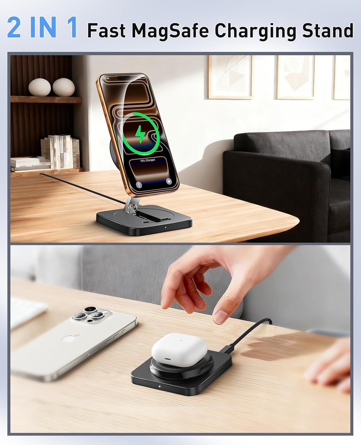 Magnetic Wireless Charger, [2 Pack] 15W Foldable Fast Charging Stand | For iPhone 17/16/15/14/13/12 Series/AirPods 3/2/Pro,Samsung Wireless Charger Station for Galaxy S25 Ultra/S24/S23/S22/S21/S20