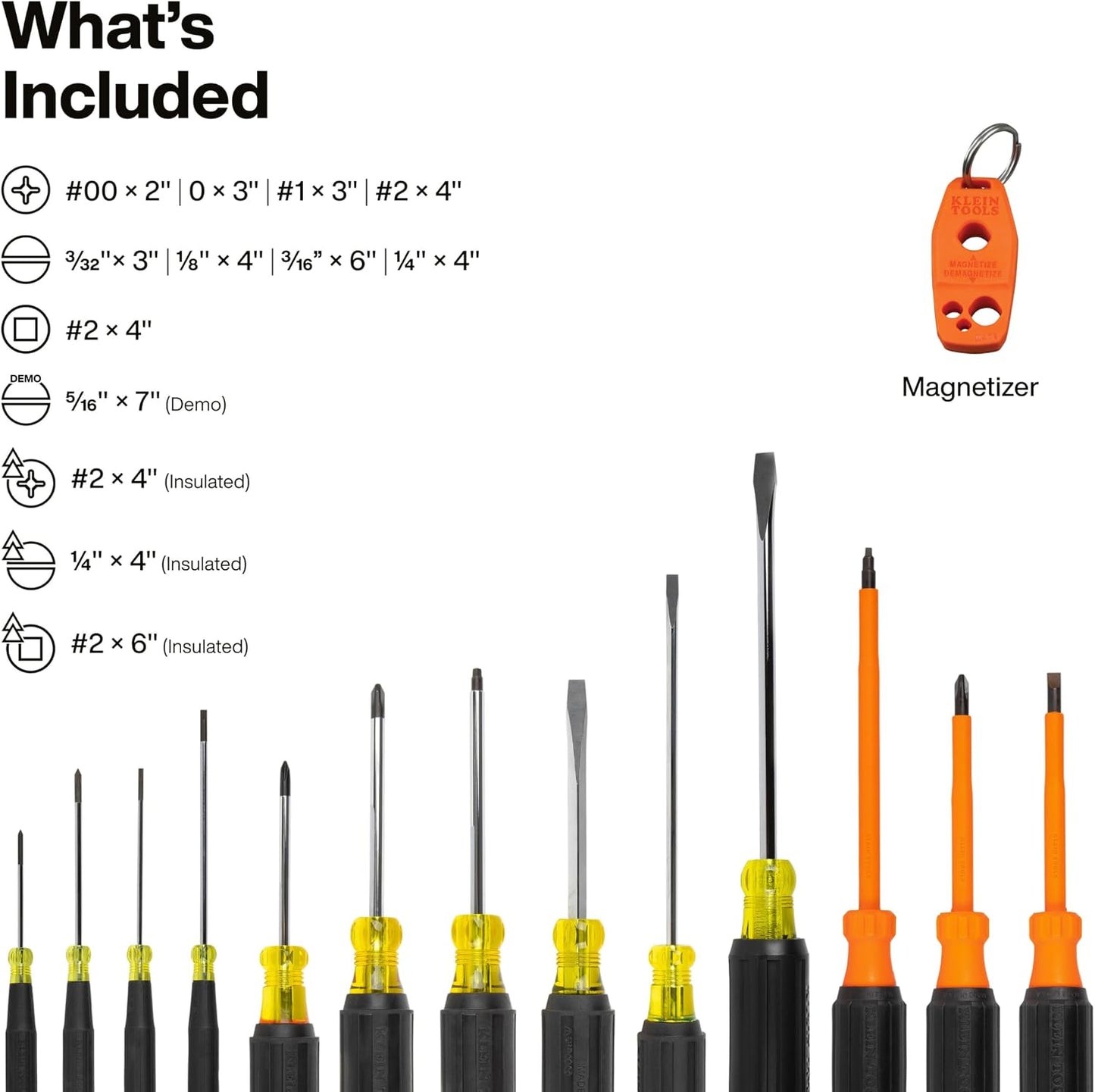 Klein Tools 85814 14-Piece Screwdriver Set, 4 Precision, 5 Standard Drivers with Color-Coded Handles, 3 Insulated Screwdrivers, 1 Demolition Driver, and Magnetizer