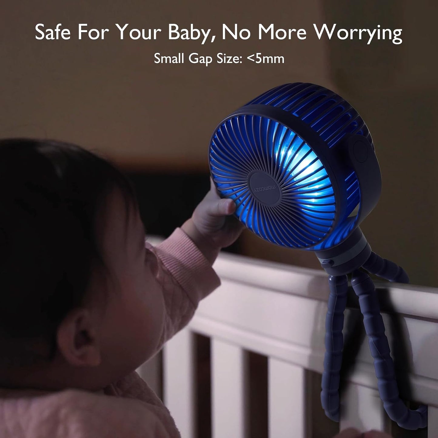 Momcozy 8000mAh Portable Stroller Fan, 27H Ultra-long Battery Life | Detachable 4 Speed 360°Rotate LED Night Light with 2 Modes, USB Rechargeable Handheld Cooling Fan for Travel/Car Seat/Bedroom