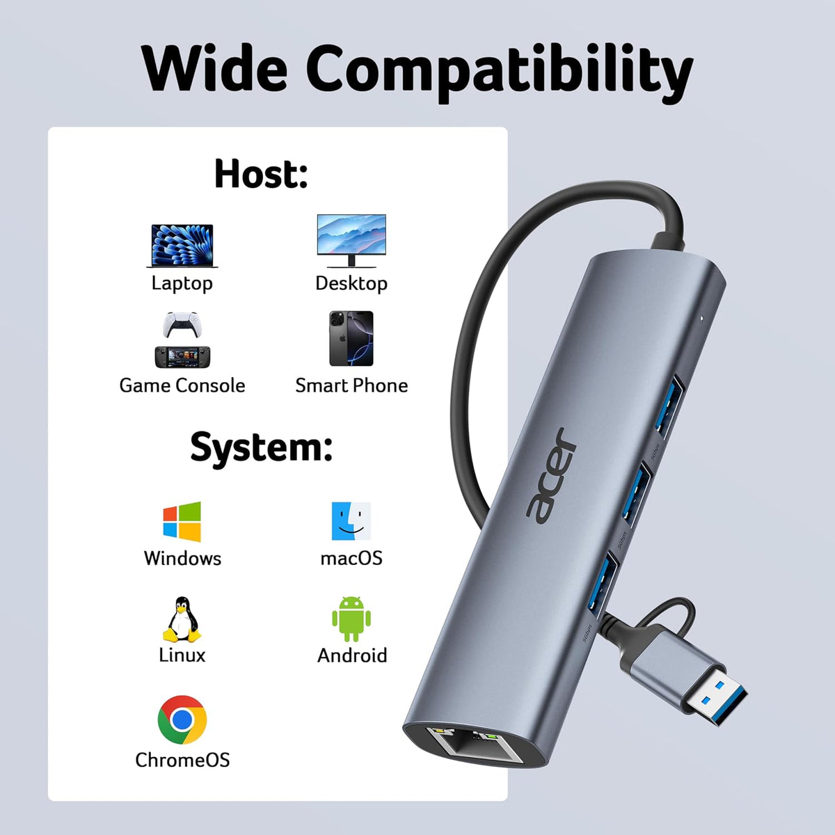 Acer USB to Ethernet Adapter, USBC Hub Ethernet 1Gbps with 3*USB 3.0