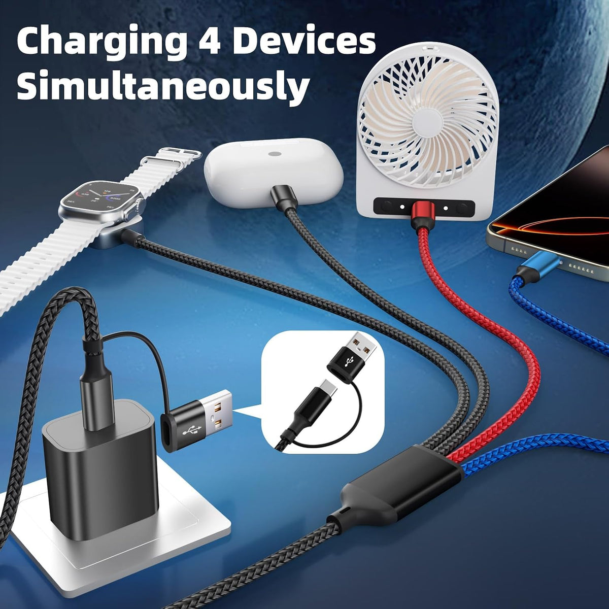 Travel Essentials 4-in-2 Multi Charging Cable for Apple Watch Charger, 5FT | Charging Cords for Multiple Devices with Dual Type-C/IP/iWatch Charger, Travel Cable for iWatch Ultra/11-2, iPhone17-8
