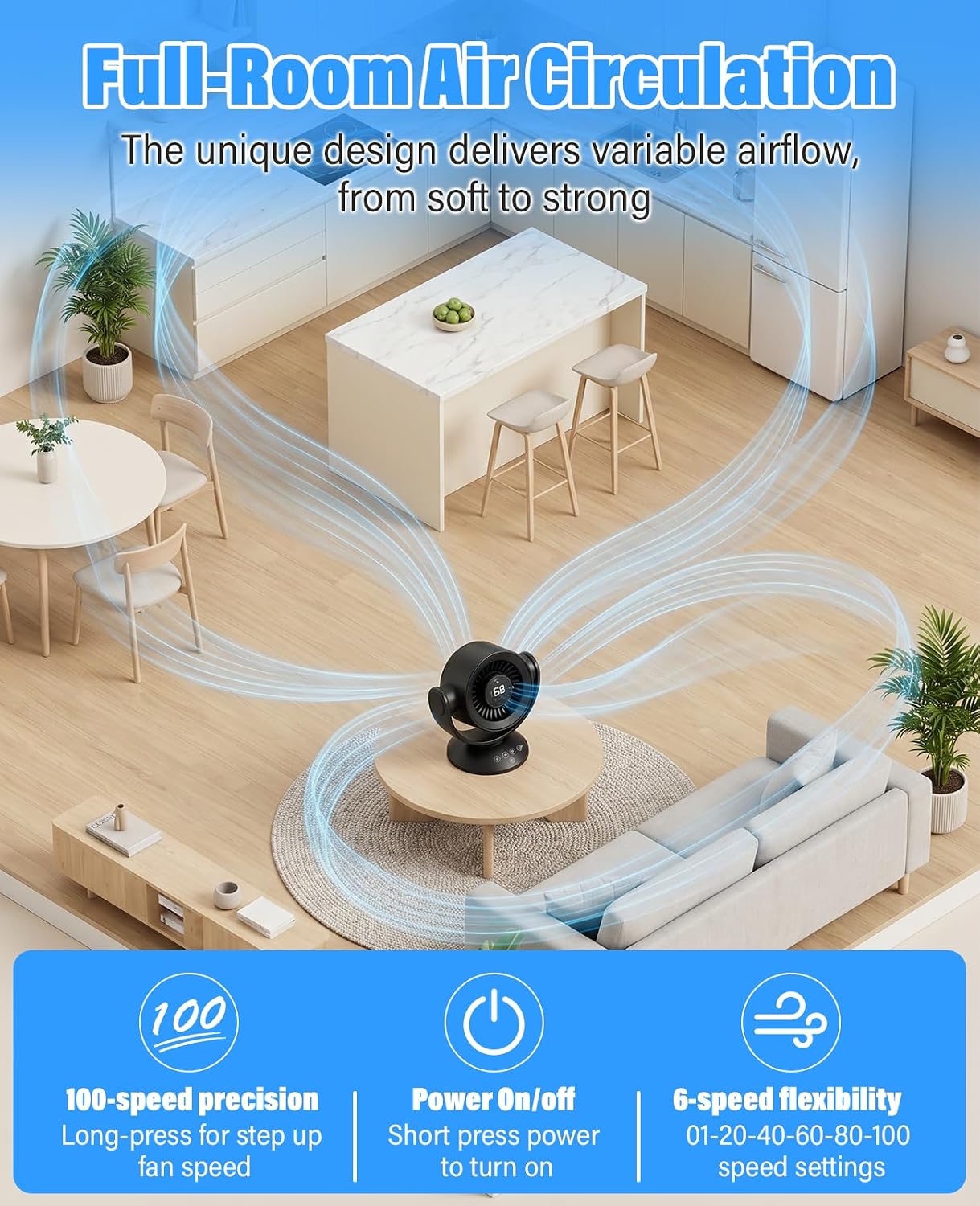 Fan for Bedroom,Desk Fans,Air Circulator Fan with Remote, 90°Vertical +120°Auto Oscillating,100 Speeds, 10H Timer, 25dB Quiet Fan,Digital Display Rechargeable USB, for Home Office Travel（Black）