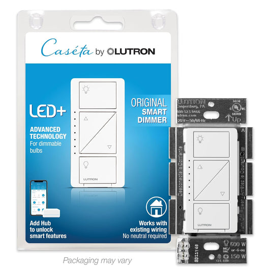 Lutron Caseta Smart Dimmer Switch (Smart Hub Required), No Neutral Required | For Caseta Systems, for Dimmable LED Lights, 150 Watt, Single-Pole/3-Way, PD-6WCL-WH, White