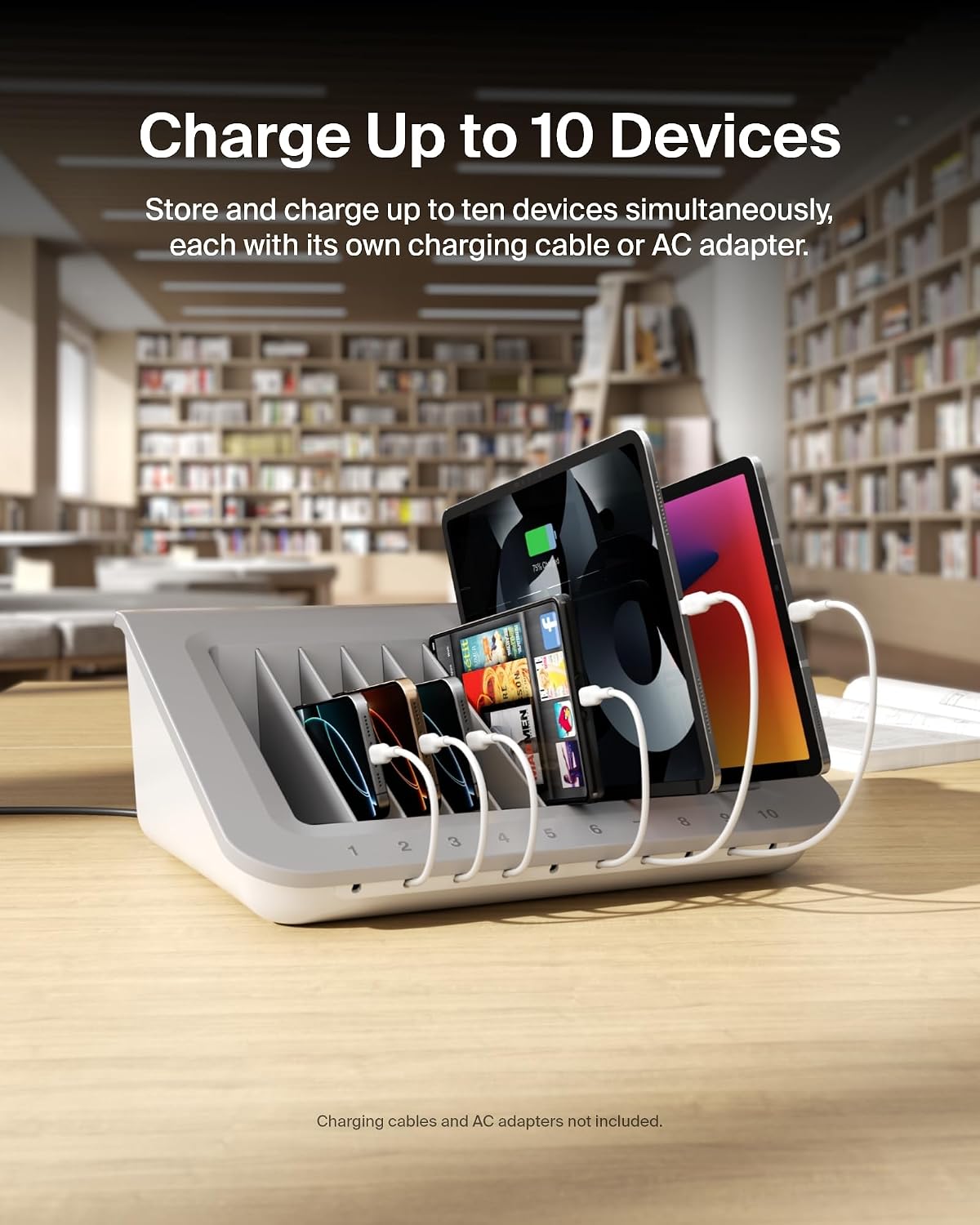 Belkin 10-Device Charging Station with Surge Protector | USB charging dock for tablets, laptops, and Chromebooks, cable management, classrooms, offices, tech labs