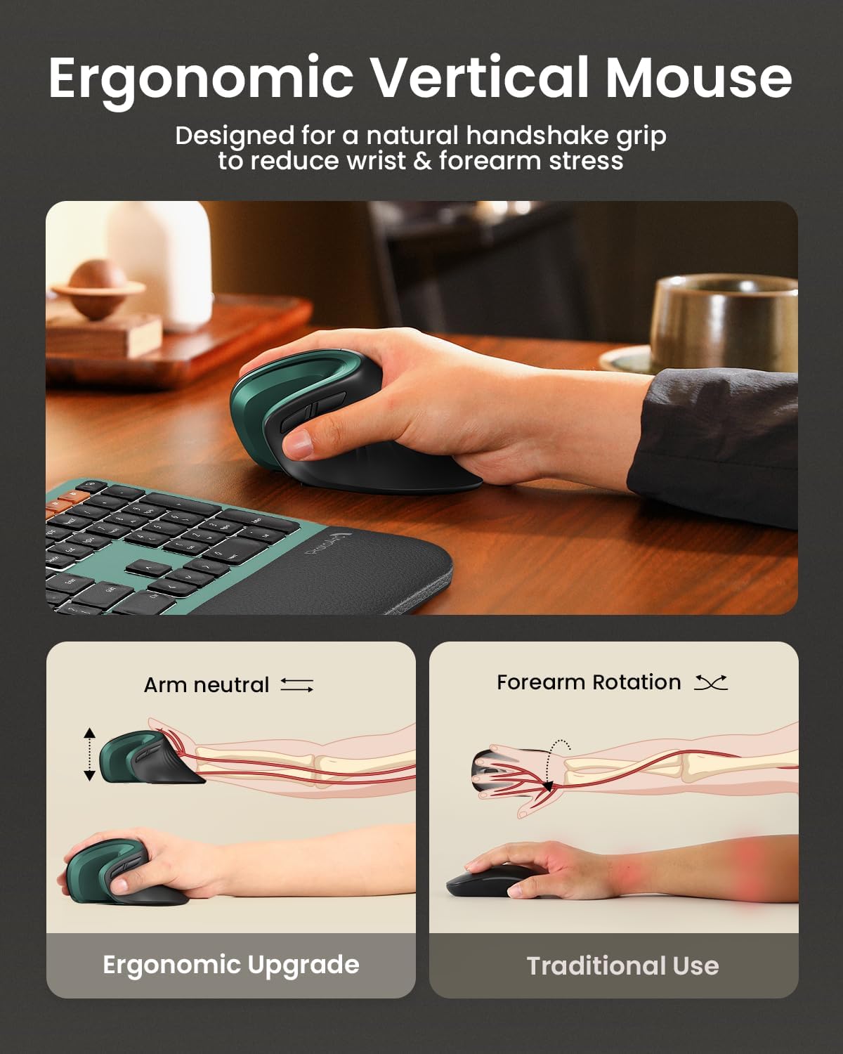 ProtoArc EM11 NL Wireless Ergonomic Mouse, Rechargeable Vertical Mice | 58° vertical design supports a natural wrist posture,connect 3 devices via Bluetooth/2.4G USB-A, 500mAh USB-C rechargeable.
