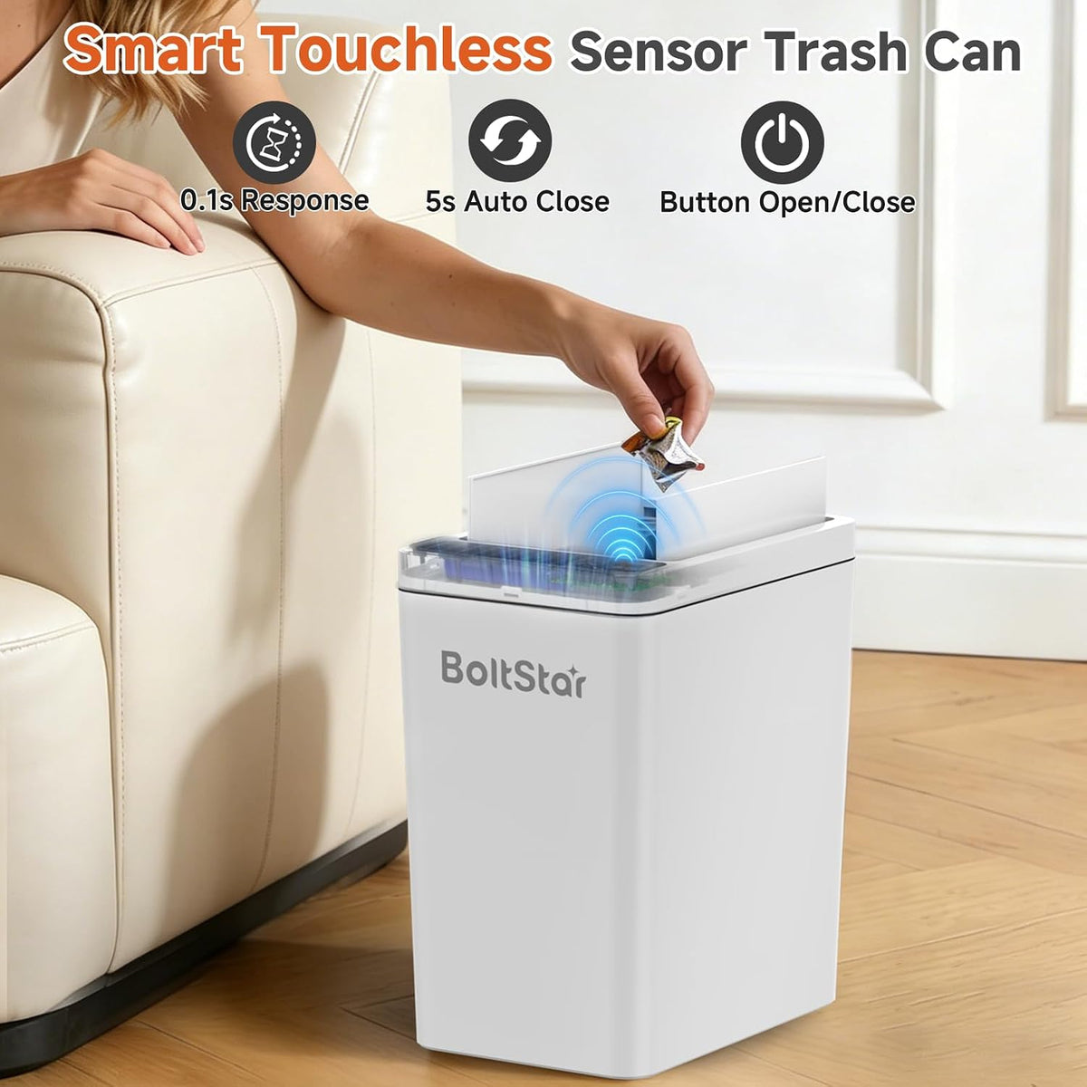 Solar Automatic Trash Can: 4 Gallon Motion Sensor Garbage Can, No Charging Required, Slim Smart Touchless Trash Bin with Lid for Bedroom, Living Room, Bathroom, Office, RV, White