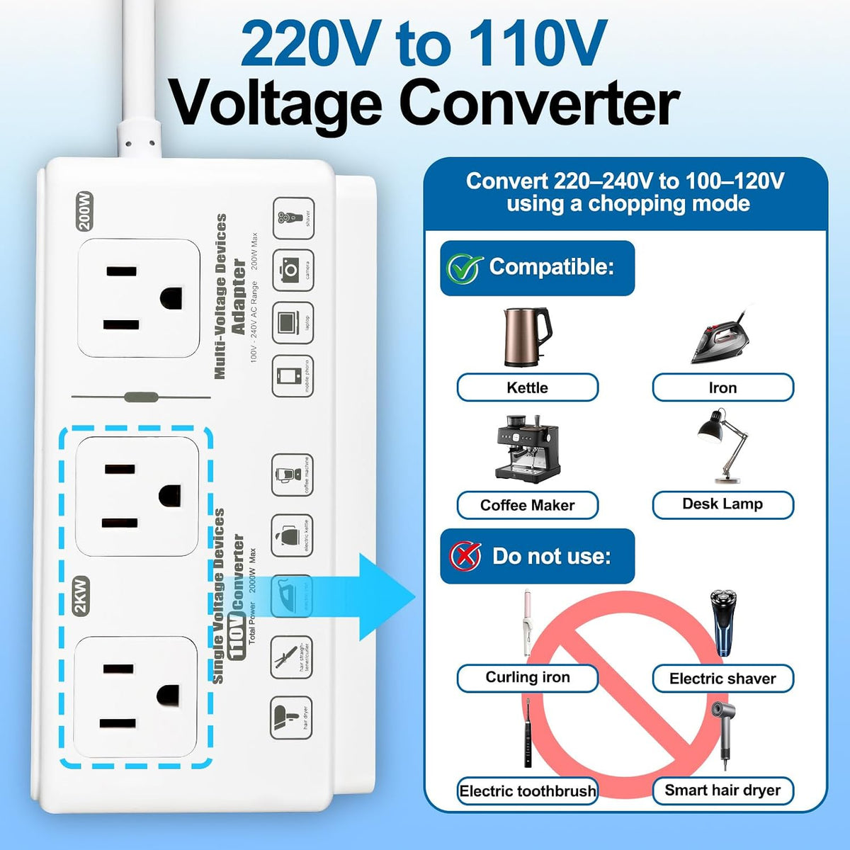 220v to 110v Travel Voltage Converter | International Universal Voltage Converter US to Europe Power Transformer, 2000W Electric Step Down Outlet Converter for EU UK