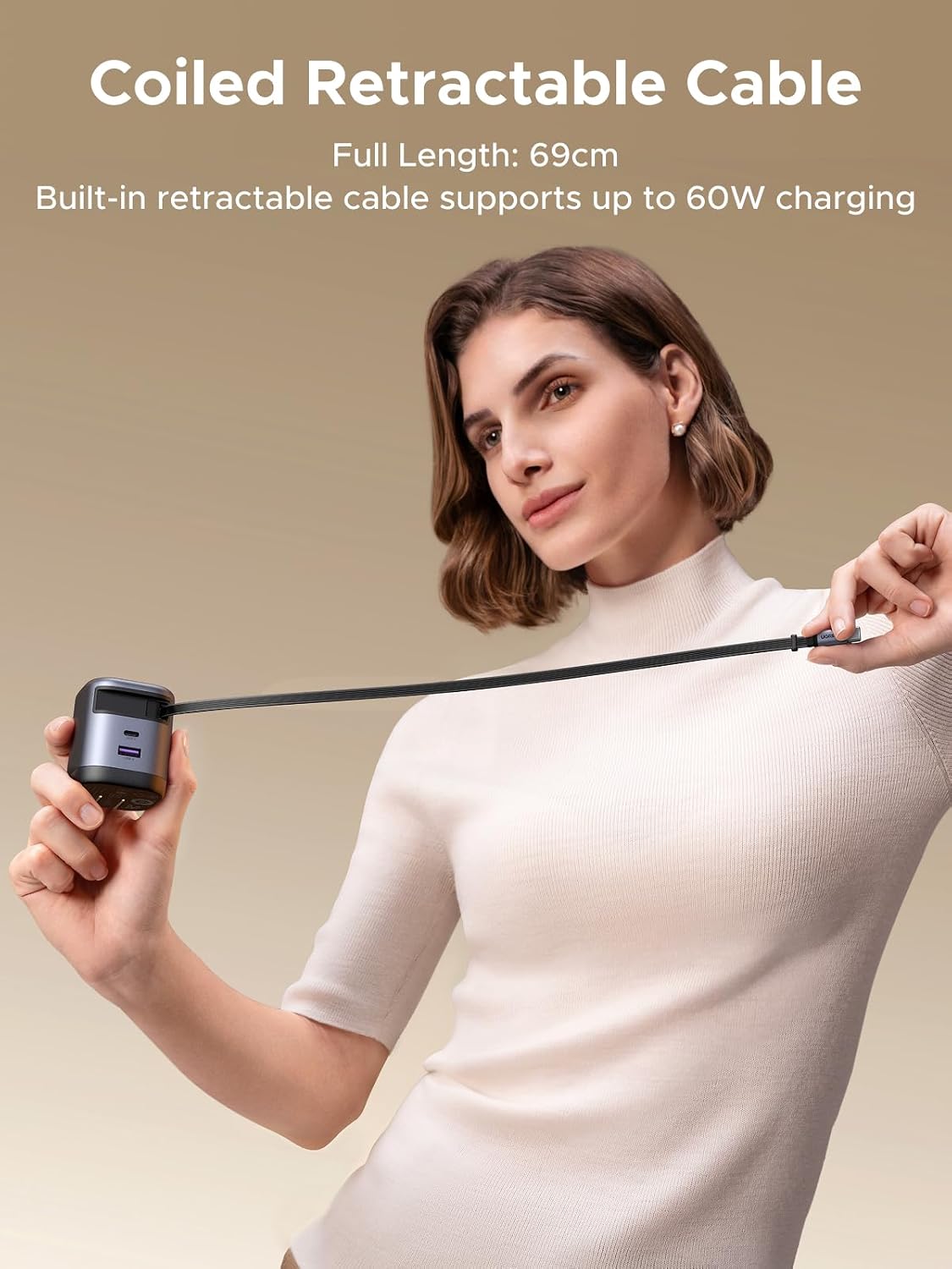 UGREEN Nexode 65W GaN USB C Retractable Charger with Built-in Cable, 2-Port Fast Charging Wall Adapter for iPhone 17/16/15, Galaxy S26/S25/S24, Pixel 10/9/8, MacBook Pro/Air/Neo, iPad, AirPods