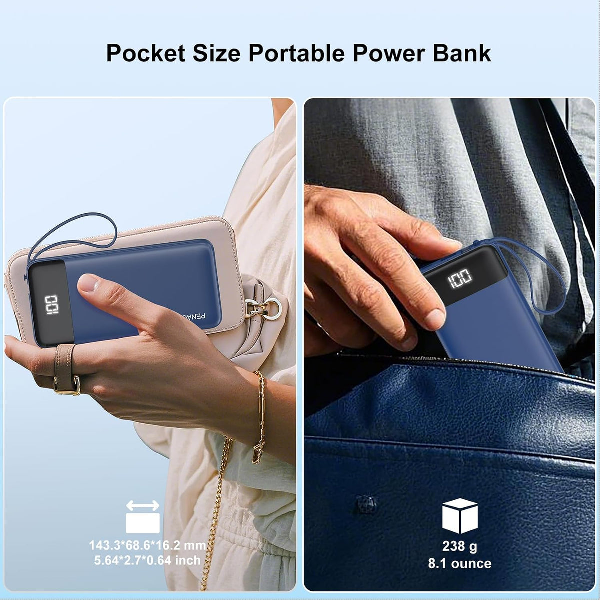 Portable Charger Built-in Cables,10000mAh Fast Charge Power Bank for iPhone | LED display, 0.64in Ultra Slim, Charge 5 Devices at Once, TSA Approved Travel Essential for iPhone/Samsung/iPad/Android