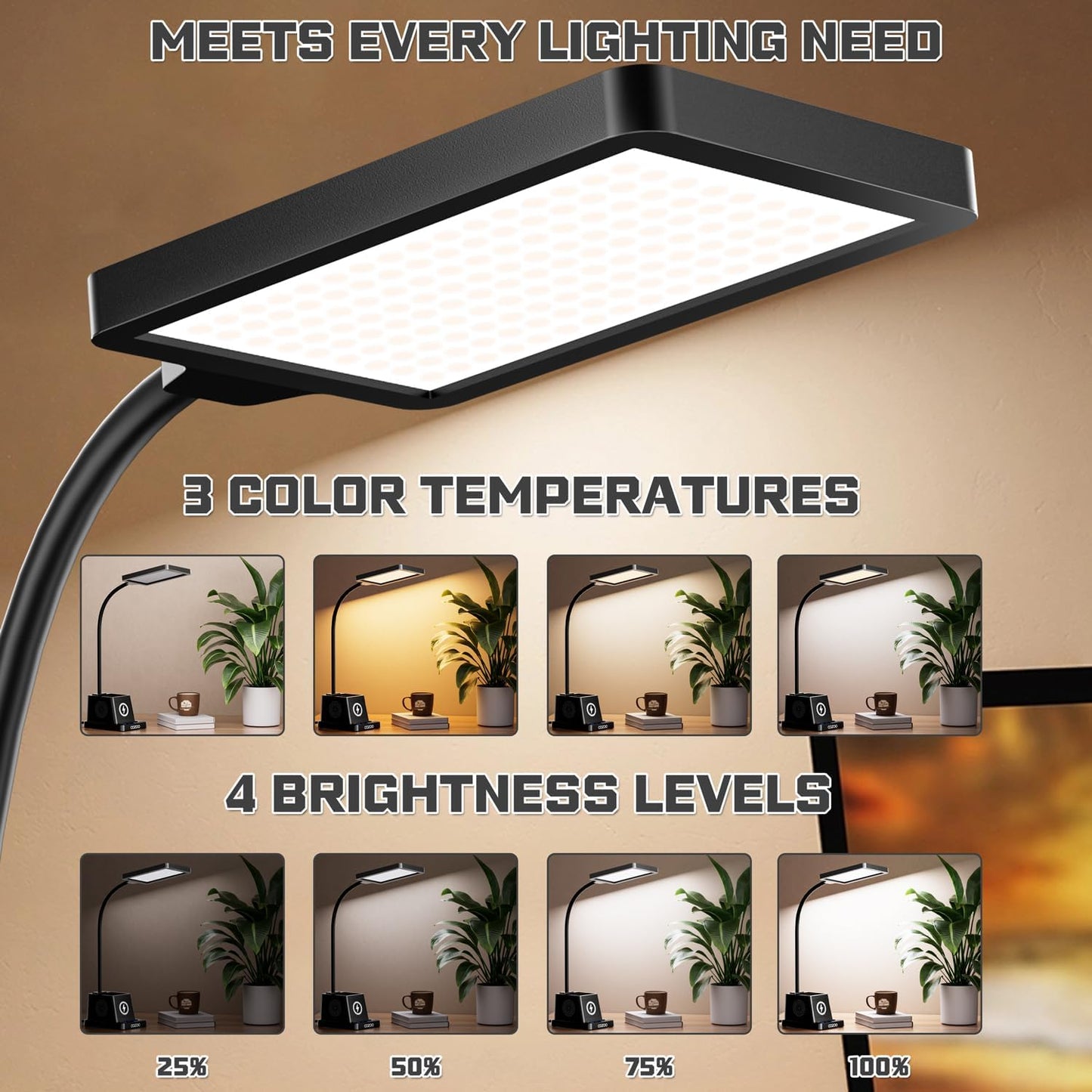 LED Desk Lamp for Dorm Office, 15W Wireless Charger Pen Holder, Black | Desk lamps for Home Office, 15W Wireless Charger, 3 Color Modes 4 Brightness Leves CRI 95, 800 LM Small Table Lamp for Dorm