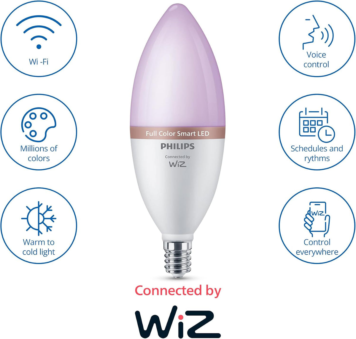 PHILIPS Smart 40W B12 Color LED Smart Candle-Shaped Bulb 4-Pack- E12- Indoor - Connects to Your Existing Wi-Fi - Control with Voice or App + Activate with Motion - Matter Compatible
