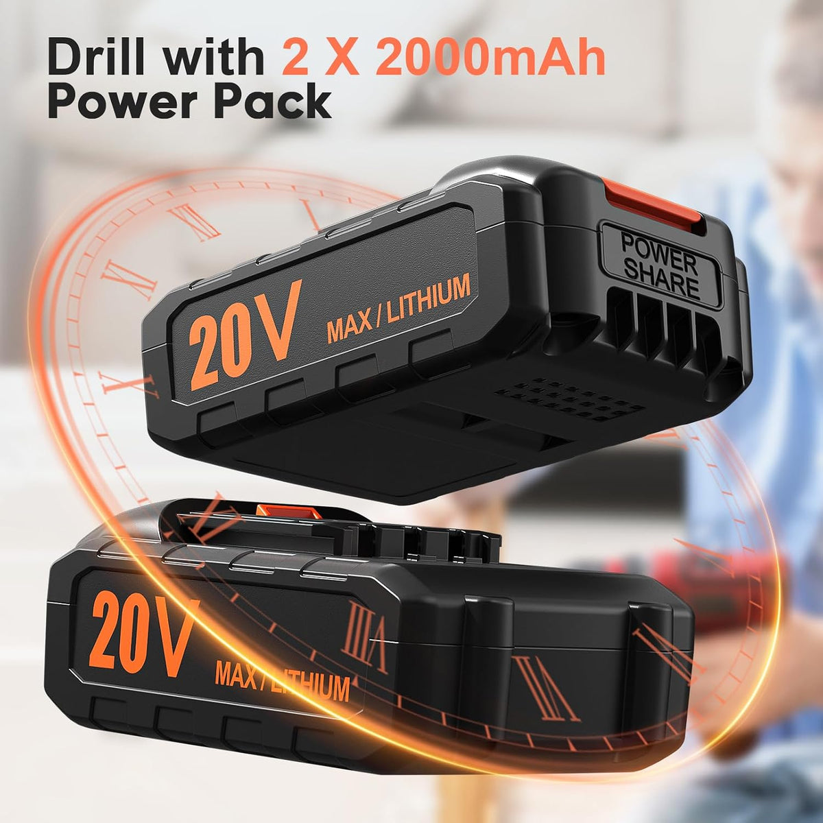 Cordless Drill, 20V Power Drill, Double 2000mAh Power Pack Electric Drills, Cordless Drills with Power Pack and Charger, 3/8" Keyless Chuck Screwdriver with 25+1 Max 370 In-lb Torque, 42Pcs Bits
