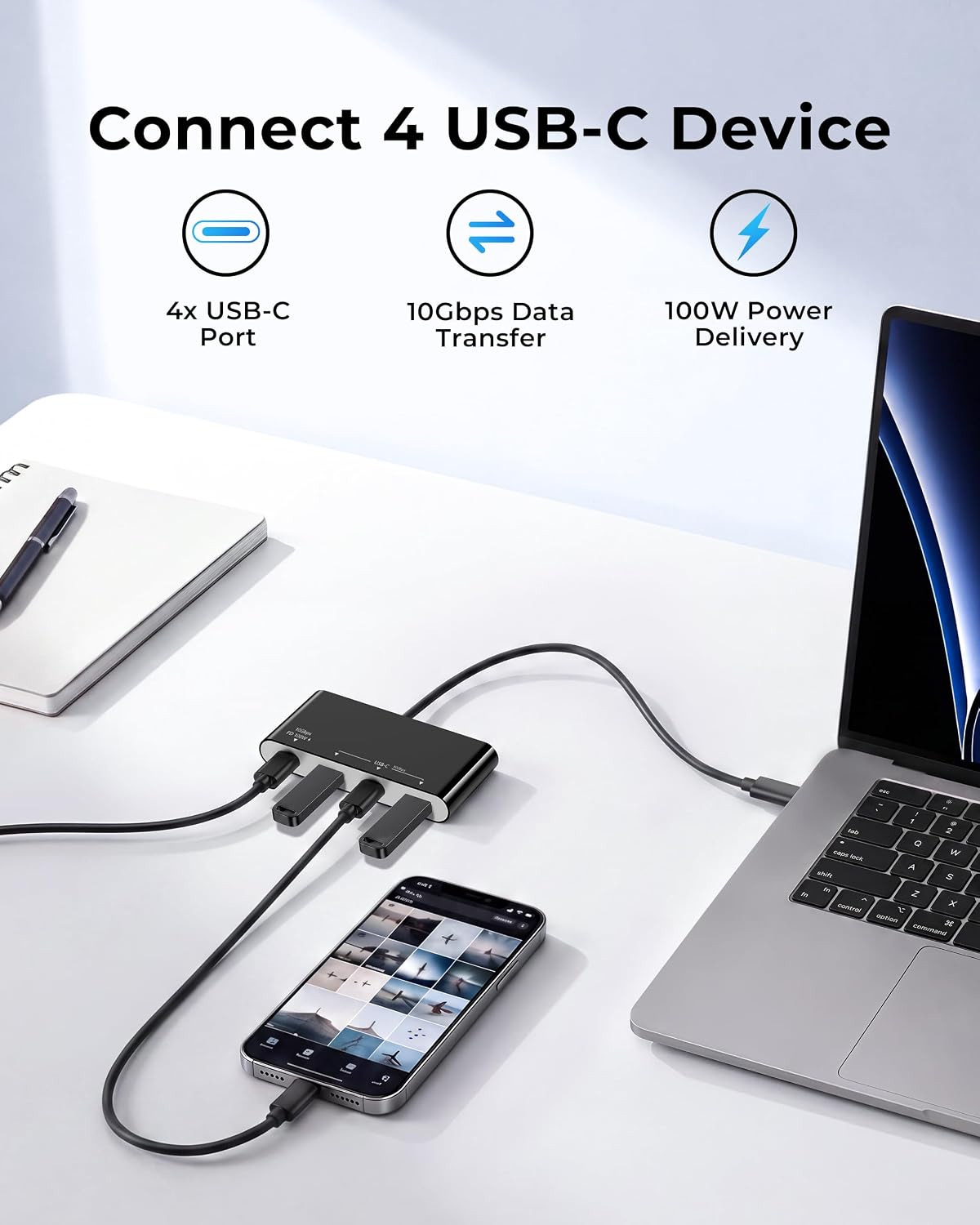 100W 10Gbps Multiport USB-C Hub Adapter for Laptop, iPad, PC, & Phone