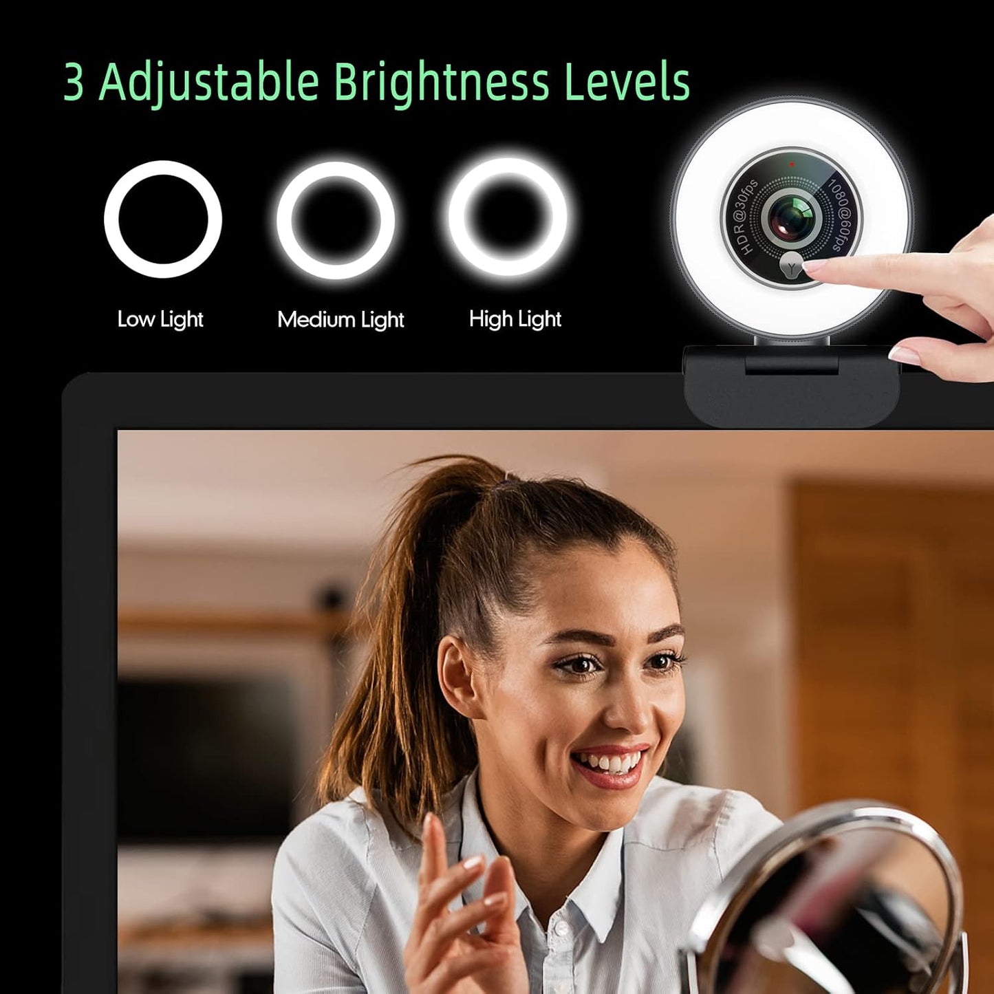Angetube 1080p Webcam with Ring Light for Streaming, USB 60FPS Web Camera | 5X Digital Zoom, HDR-1080P@30FPS or 1080P@60FPS, Auto Light Correction, HD Web Cam w/ Microphone for PC Laptop Mac Desktop