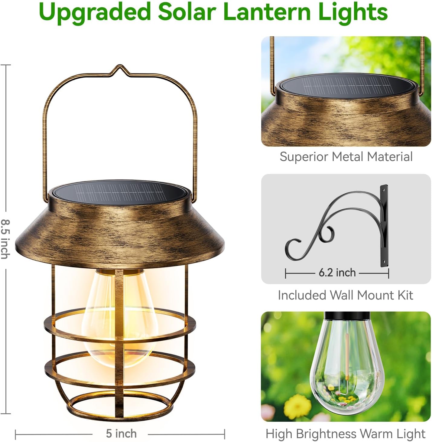 Ahaorigin 2 Pack Solar Lanterns Outdoor Waterproof, High Brightness Hanging Solar Lights for Outside with Wall Hooks, Retro Metal Outdoor Lanterns Auto On/Off for Garden, Porch, Patio, Yard Decor