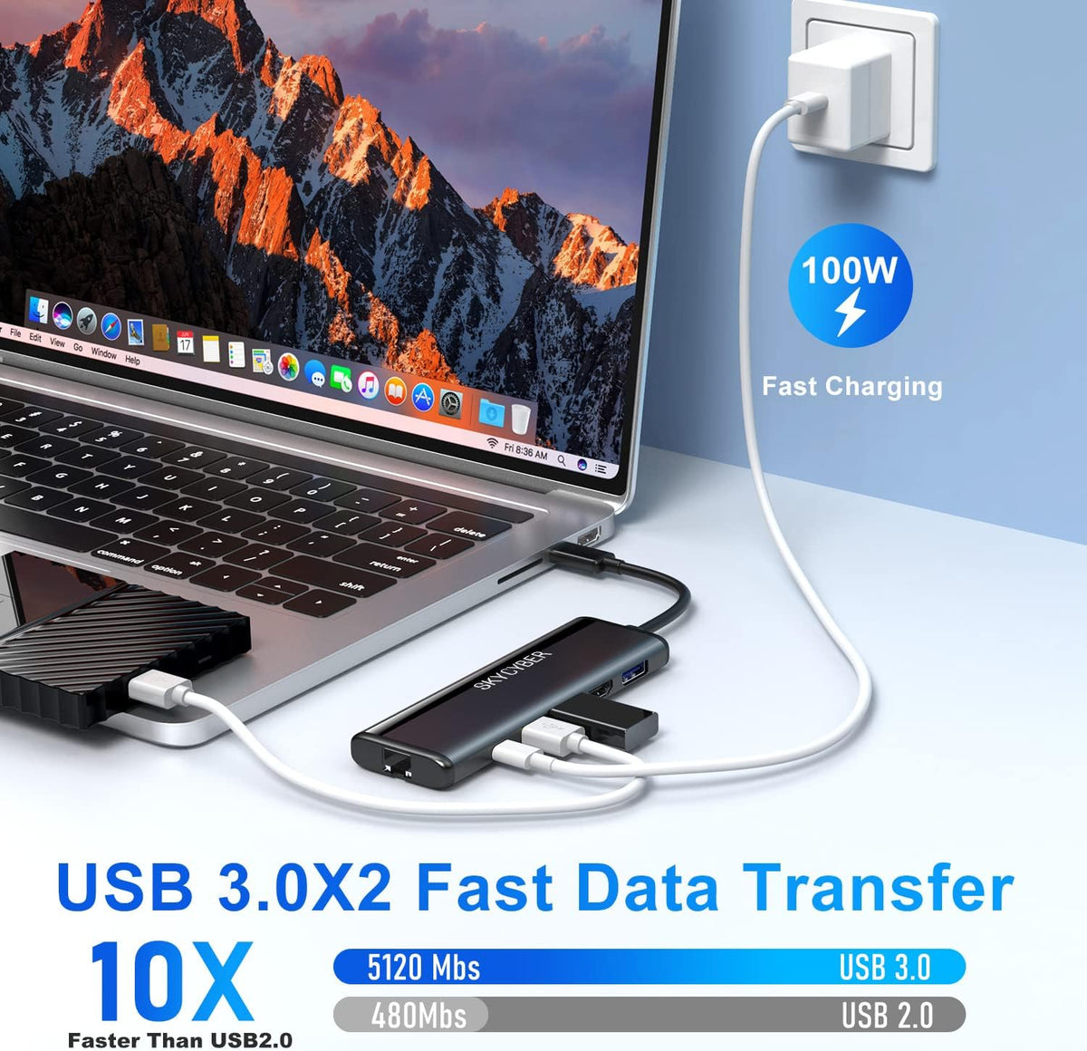 USB C Laptop Docking Station for Dual 4K Monitors or Single 8K Output, 8 in 1 USB C Hub with HDMI PD, Ethernet, SD/TF, 2 USB Port, 100W PD, USB Dock Multiport Adapter for MacBook/Dell/HP/Lenovo Laptop