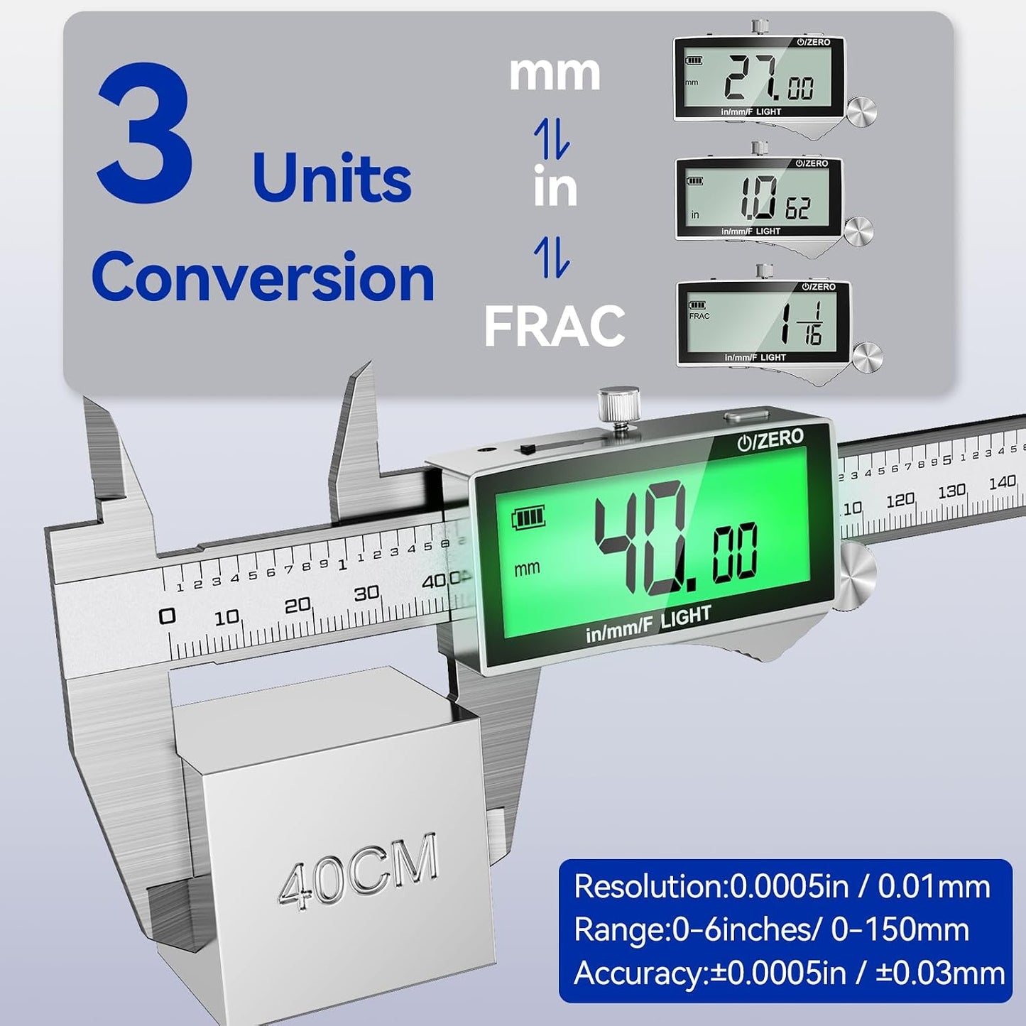 Rechargeable Digital Caliper 6 Inch, High-Precision Stainless Steel Vernier Caliper with Backlight, Support MM/in/F, Type-C Charging, LCD Screen Measuring Tool