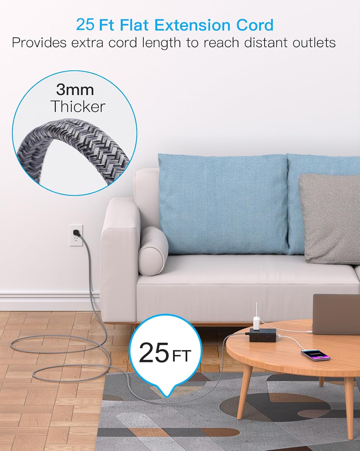 Surge Protector Power Strip 25 Ft Cord, Ultra Thin Flat Extension Cord with 8 Outlets 4 USB Ports(2 USB C), Flat Plug Power Strip, 25 Ft Long Braided Power Cord for College Dorm Room Essentials-BK