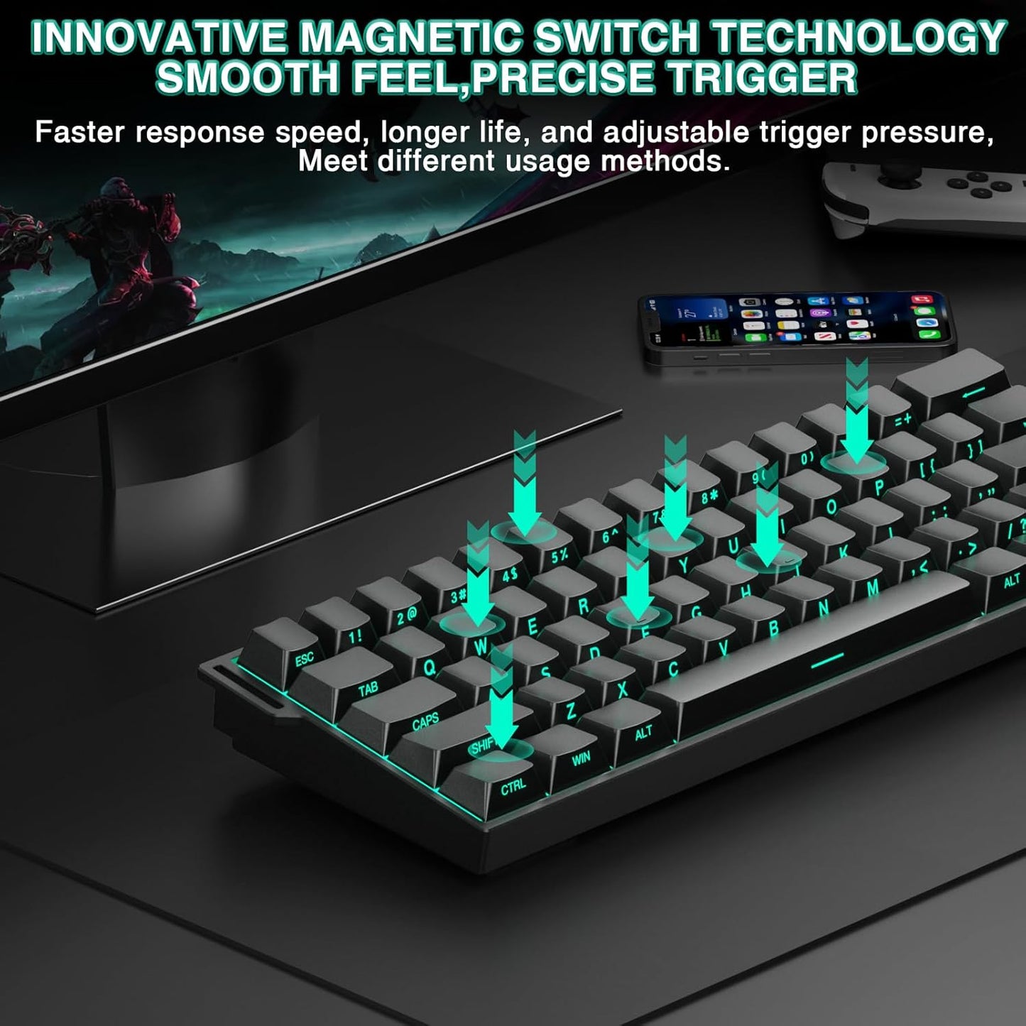 Aula MINI60 HE PRO Wireless Gaming Keyboard 60%,Hall Effect Rapid Trigger Magnetic Keyboard,8000Hz Polling,Tri-Mode(BT5.0/2.4GHz/USB-C),RGB Hot Swappable Compact Mechanical Keyboard for Gamer(Black)