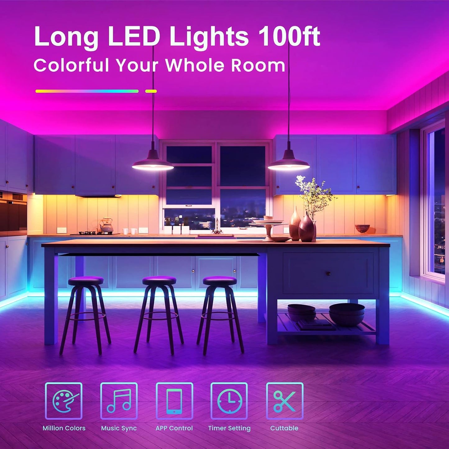 TJOY LED Lights for Bedroom 100ft, RGB Color Changing Led Strip Lighting with Remote and Smart APP Control, Music Sync Rope Lights via Bluetooth for Kitchen, TV, Room Decor