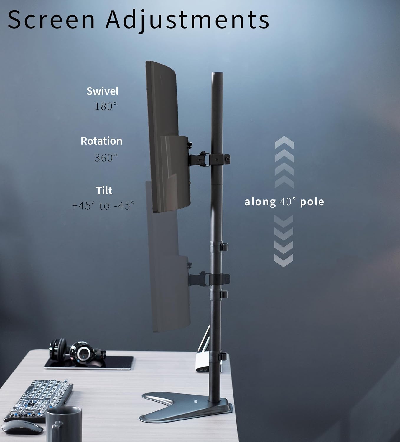 VIVO Single Monitor Desk Stand for 13 to 27 inch Screens, STAND-V011H | Black, Articulating, Freestanding Adjustable Monitor Arm, Extra Tall Computer Stand for 1 Monitor, Holds 22 lbs