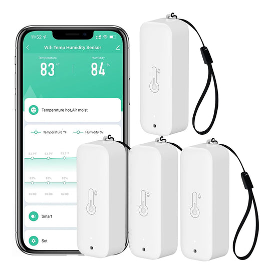 WiFi Hygrometer Thermometer Sensor: Wireless Smart Temperature Humidity Monitor with App Notification Alert, Data Storage Export, Calibration Function, Compatible with Alexa (White-4PCS)