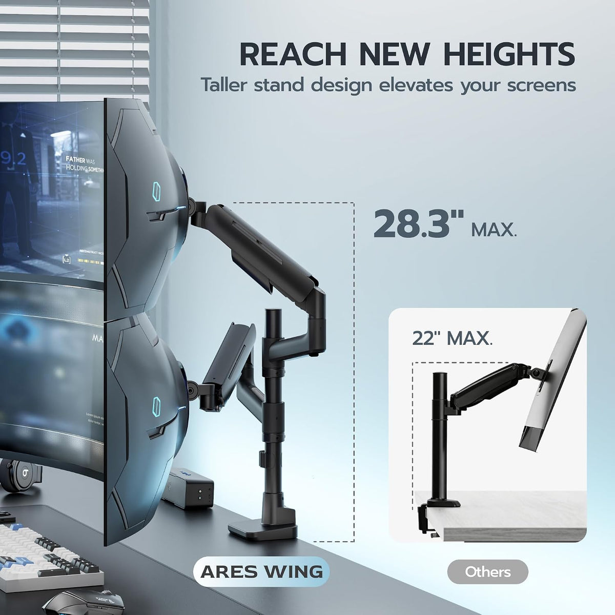ARES WING Dual Monitor Mount for 17-49 Inch Screen, Black
