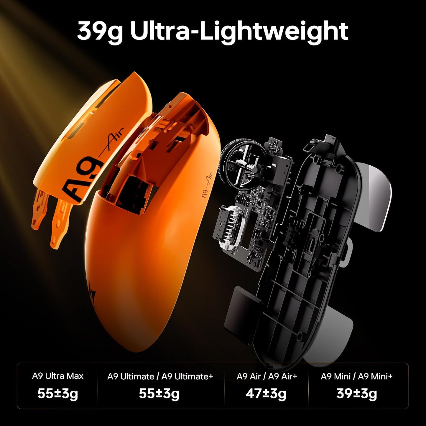 ATK Dragonfly A9 Air Wireless Gaming Mouse, PAW3950 Ultra Sensor, DPI up to 42,000, 47g Lightweight, 8K Polling, 300 Hr Battery Life, All-New Nano Coating, Dual-Mode 2.4G/Wired - Sunset Orange
