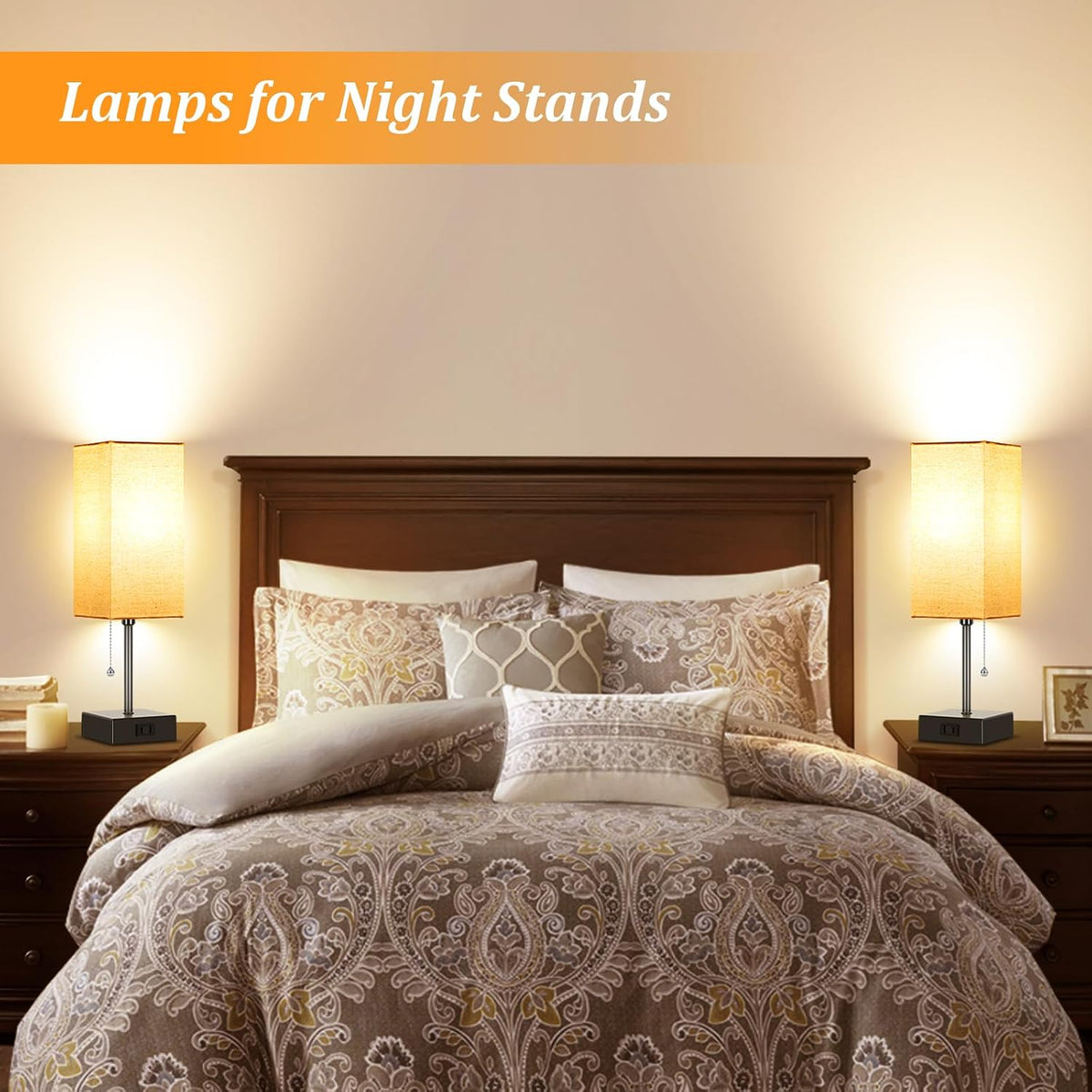 15'' Bedside Table Lamp for Bedroom Small Night Light Lamps for Night stand | Pull Chain Table Lamps for Night stands with AC Outlet，desk lamp with 2 Bulbs Lamp for Living Room Kids Room Office Decor
