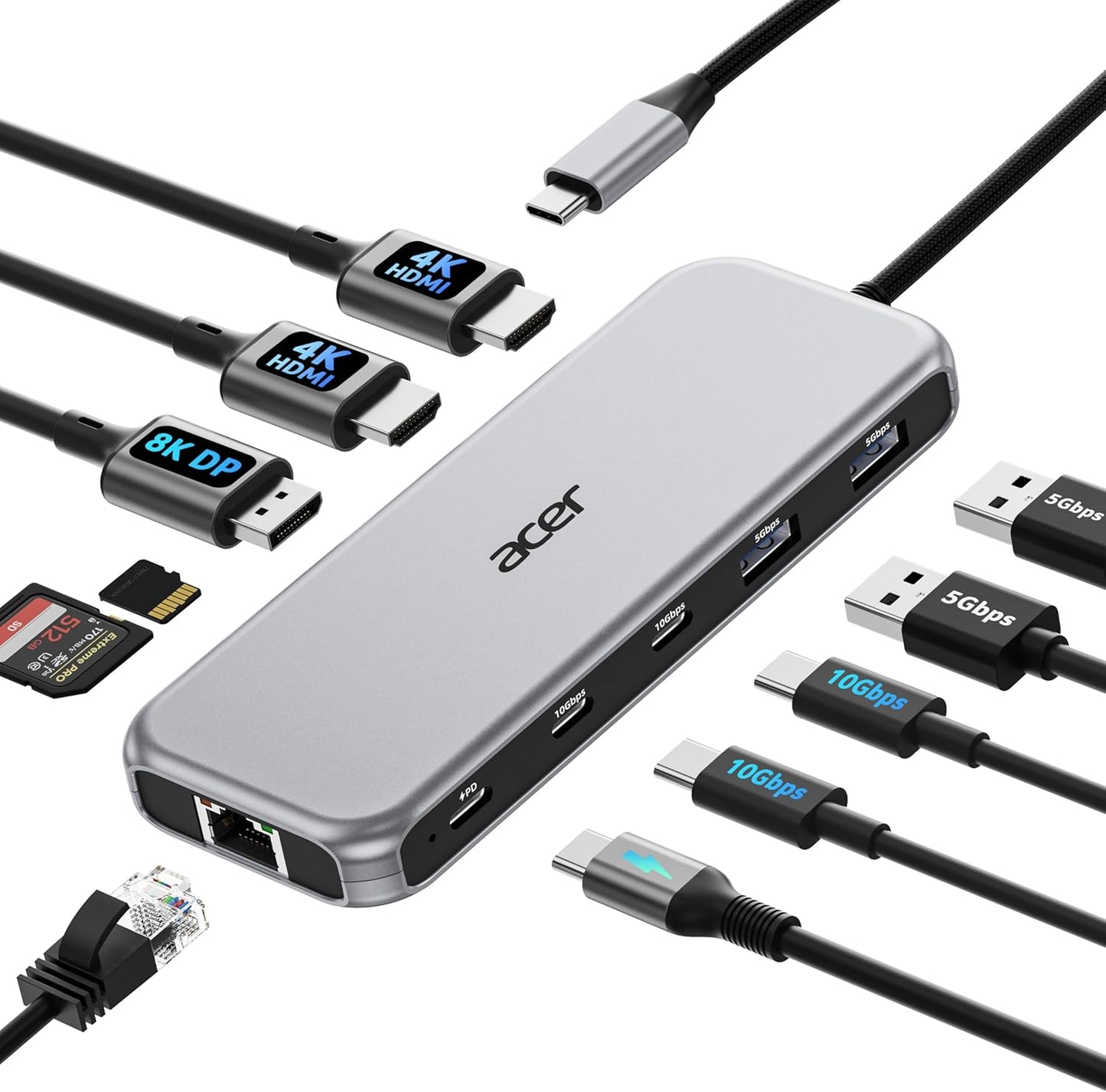 Acer Laptop Docking Station 3 Monitors, 11-in-1 USB C Docking Station | 8K DP, 4K@60Hz HDMI, 10Gbps Data, 1 Gbps Ethernet Hub, 100W Power Delivery, SD/TF, USB C Hub Multiport Adapter for Laptop