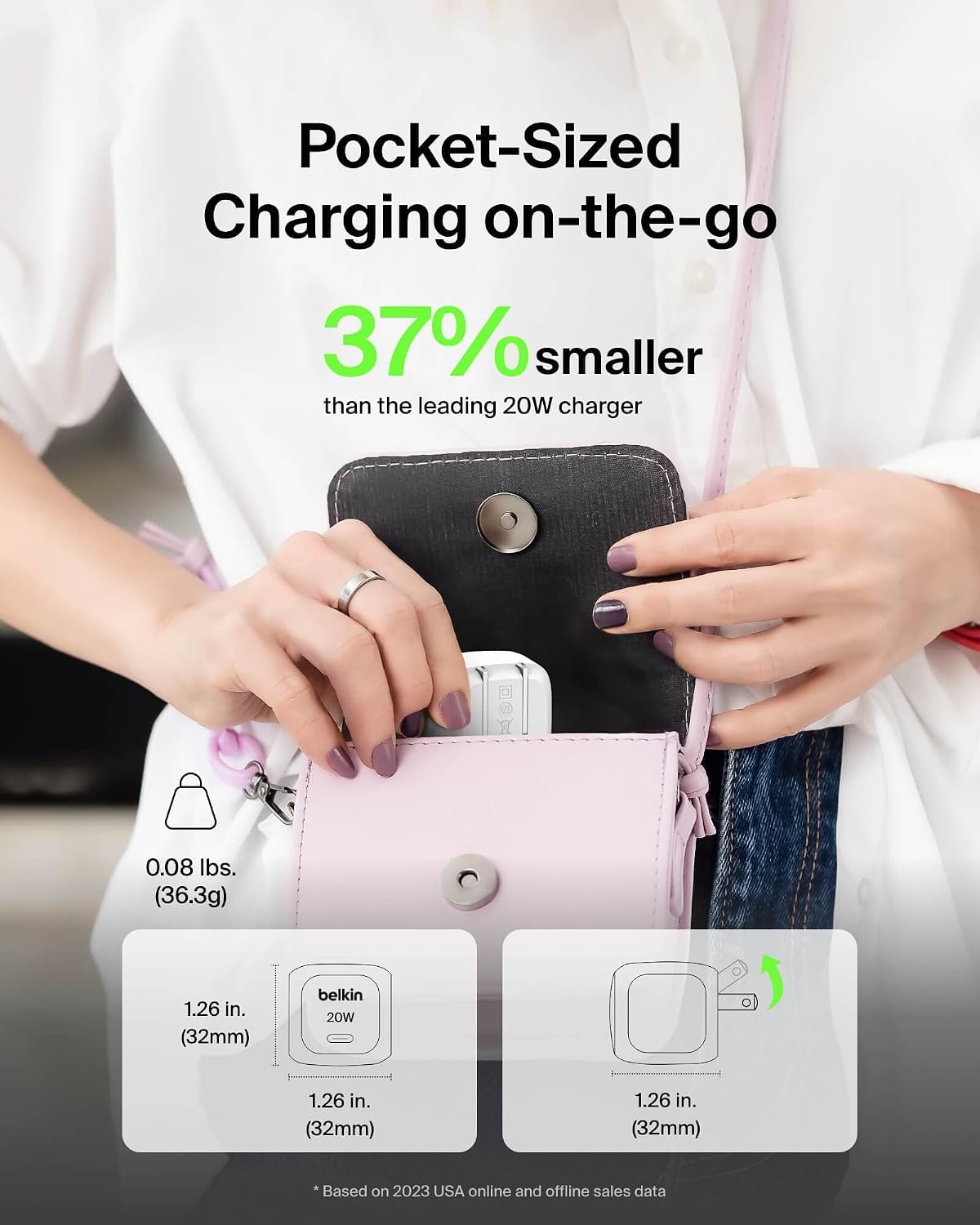 Belkin 20W Compact USB C Charger Block, Fast Charging for Travel | PD 3.1, Travel Charger, iPad, iPhone 17, Samsung Galaxy, Pixel, AirPods, Apple Watch, Nintendo Switch 2, Foldable Prongs