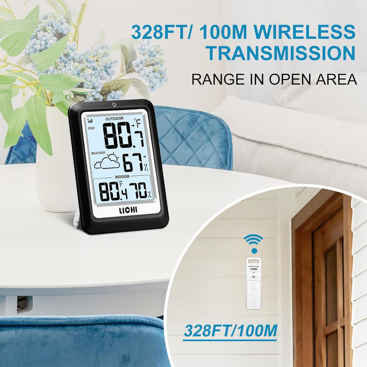 Indoor Outdoor Thermometer Wireless Weather Station, Internal External Thermometer Hygrometer, Home Batteryoperated Temperature Humiditymonitors330 Feet (About 100 Meters) Backlight Display (Black)