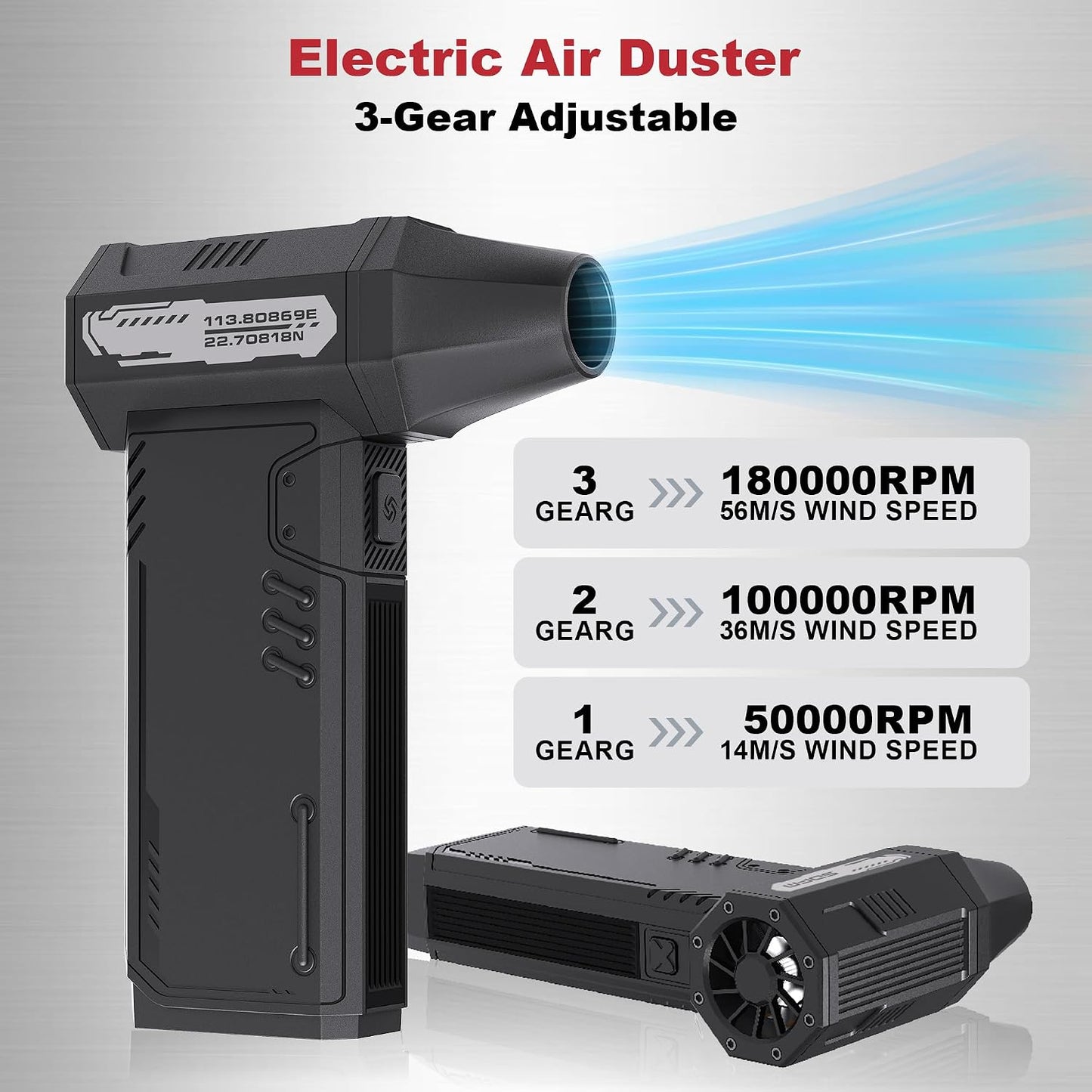 Compressed Air Duster,180,000RPM High Speed brushless Motor Mini Blower | 3-speed adjustable electric air duster with multiple nozzles , for cleaning car, keyboard, computer, home and outdoor.