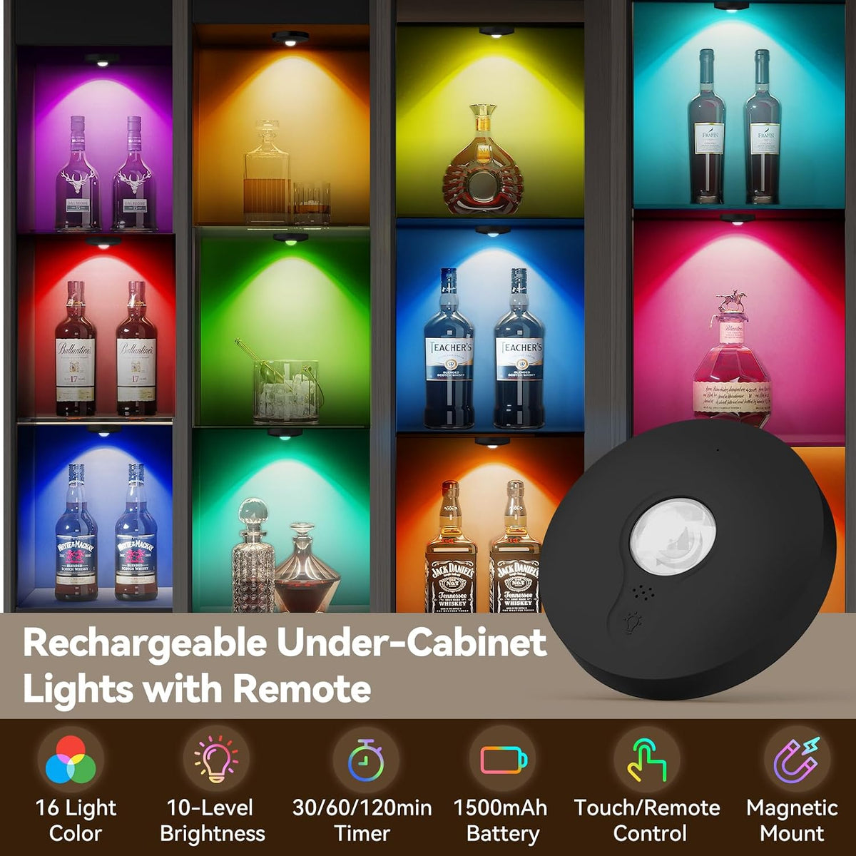 Rechargeable Puck Lights with Remote, 6 Pack Magnetic Under Cabinet Lighting, 1500mAh Battery Operated LED Tap Lights with Dimmer & Timmer for Kitchen, Closet, Shelf - 3 Color Temps & 12 RGB, Black
