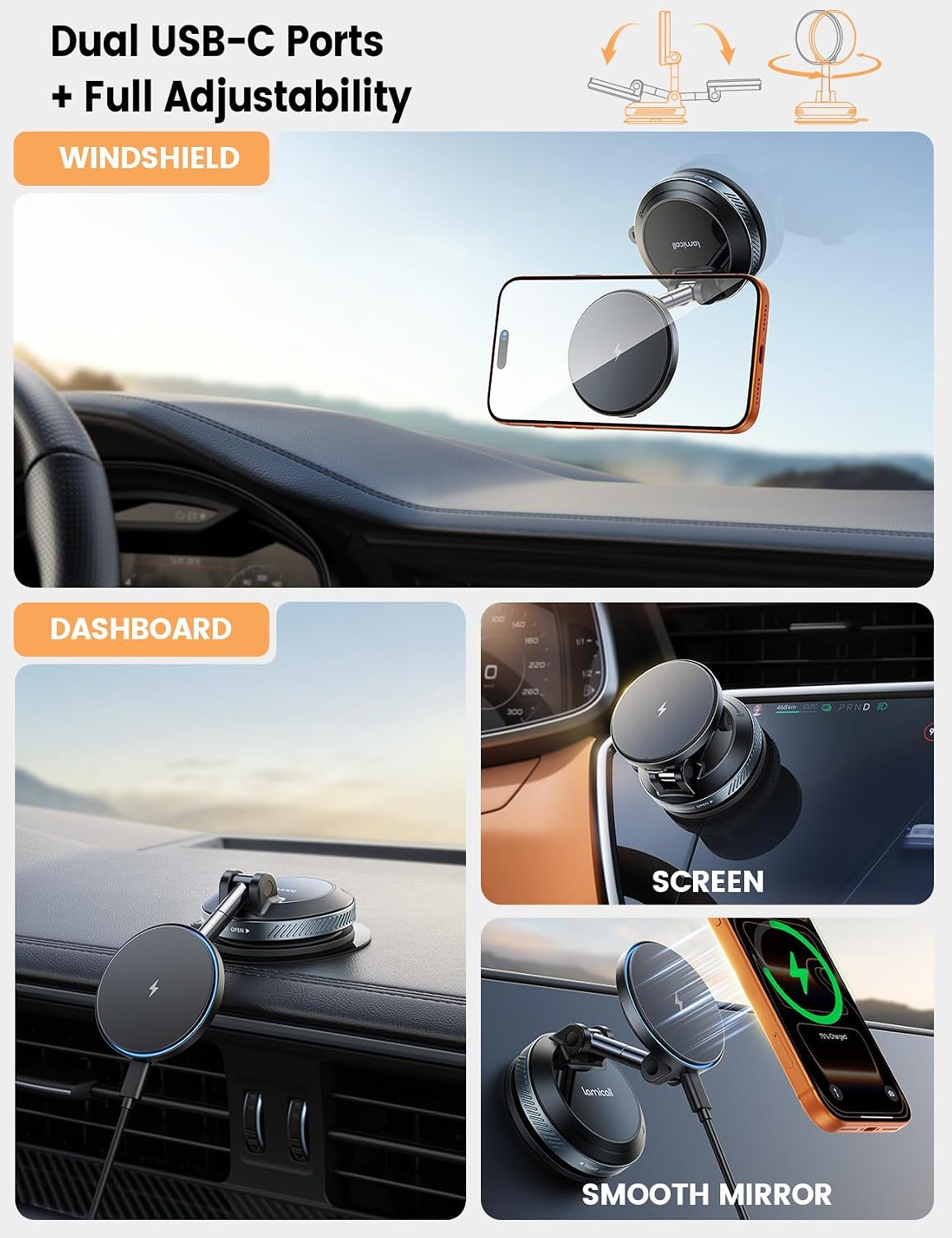 Lamicall 15W for MagSafe Car Mount Charger, 360° Wireless Car Phone Holder | Dual USB-C Ports Magnetic Phone Holder for Car, 70 LBS Vacuum Suction Phone Mount for iPhone 17 16 Pro Max Truck Jeep Black