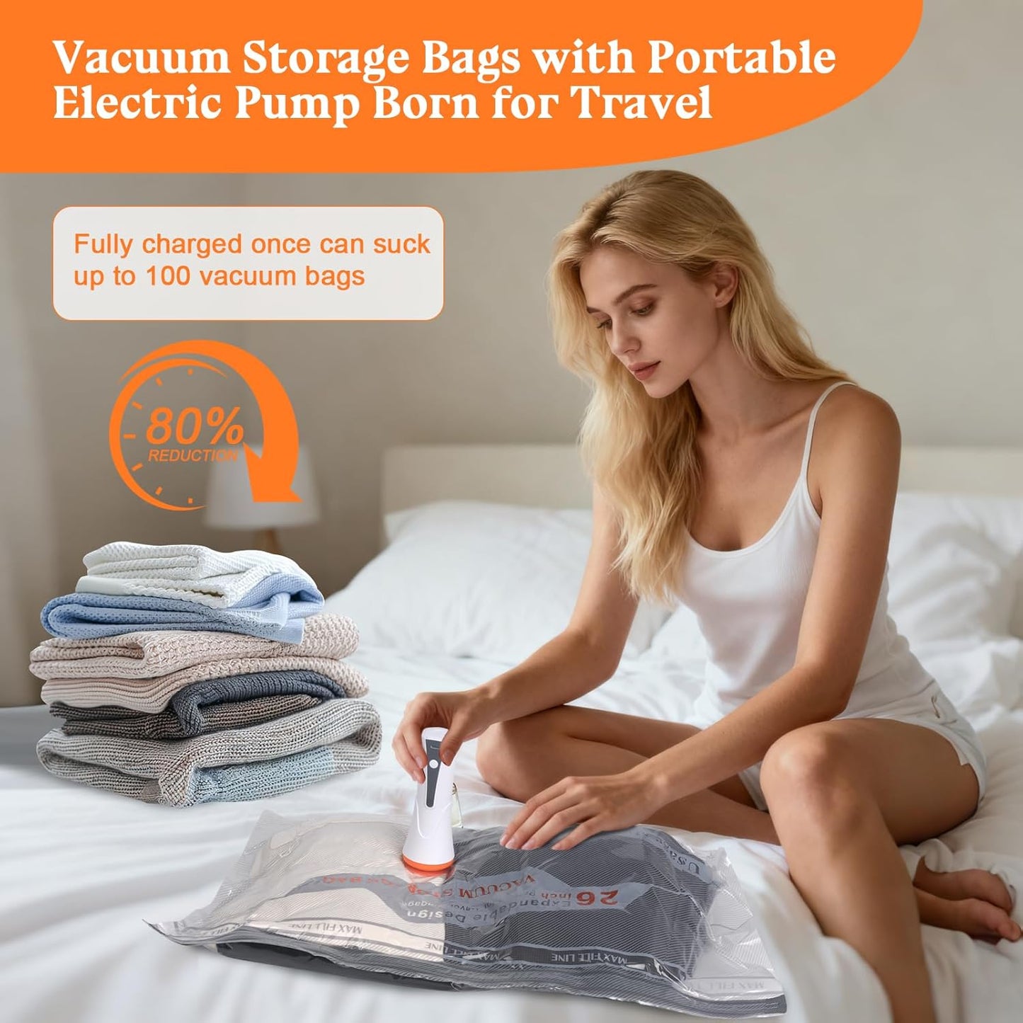 Vacuum Storage Bags for Travel with Rechargeable Air Pump - 16 Pack Vacuum Seal Bags for Clothing Space Saver, Compression Packing Bags for Suitcase Luggage, Blankets, Bedding, Seasonal Storage
