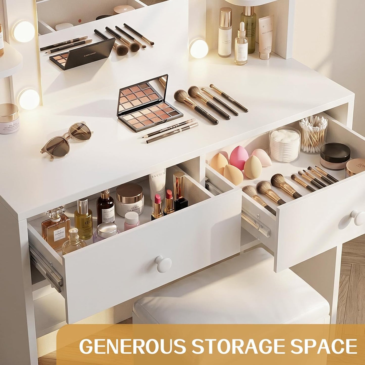 FUXA Makeup Vanity Desk with LED Mirror and Chair Set, White | 3 Lighting Modes, Built-in Charging Station, Storage Drawers and Shelves for Bedroom