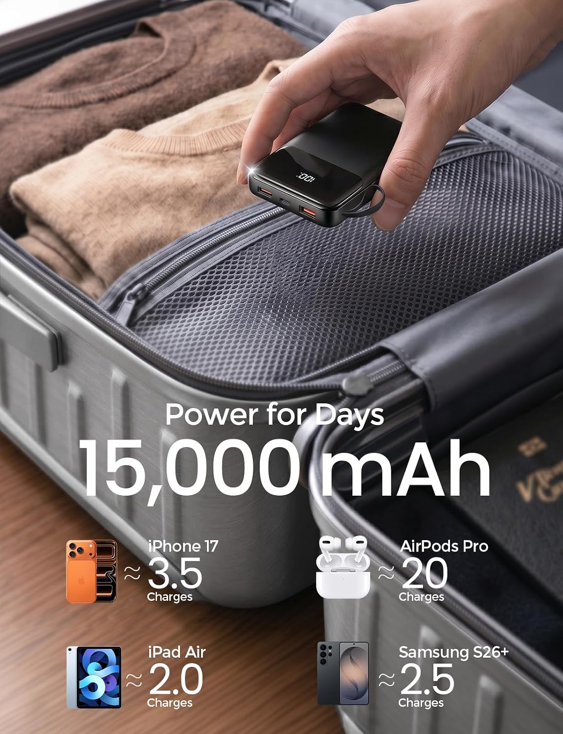 15000mAh Portable Charger Power Bank, Smaller Built-in 4 Cables, 22.5W | 50% More Capacity, 45% Smaller, Slim Travel Essential Battery Pack, 30-Min Fast Charge to 50% for iPhone/Samsung, Black