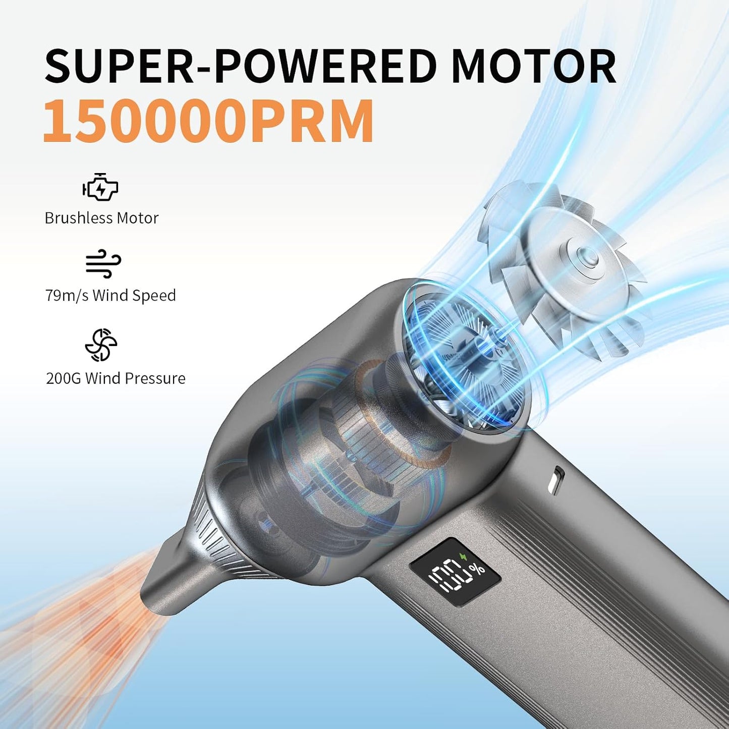 Electric Air Duster 8000mAh LED Display Turbo Blower | Compressed Air Duster Alternative. 150000RPM Brushless Motor, 5-in-1 Kit for PC, Keyboard, Car, Outdoor
