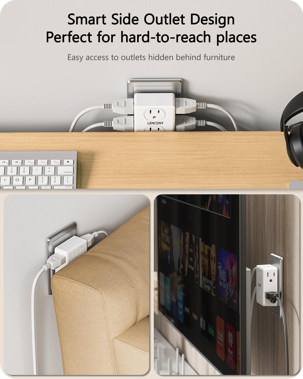LENCENT 2 to 3 Prong Outlet Adapter, 2 Prong Plug Adapter, 6 Widely Spaced | Outlets Extender, 3-Sided Wall Plug Splitter, 1875W Max, Compact Wall tap for Non-Grounded Outlets in Old House Hotel Dorm