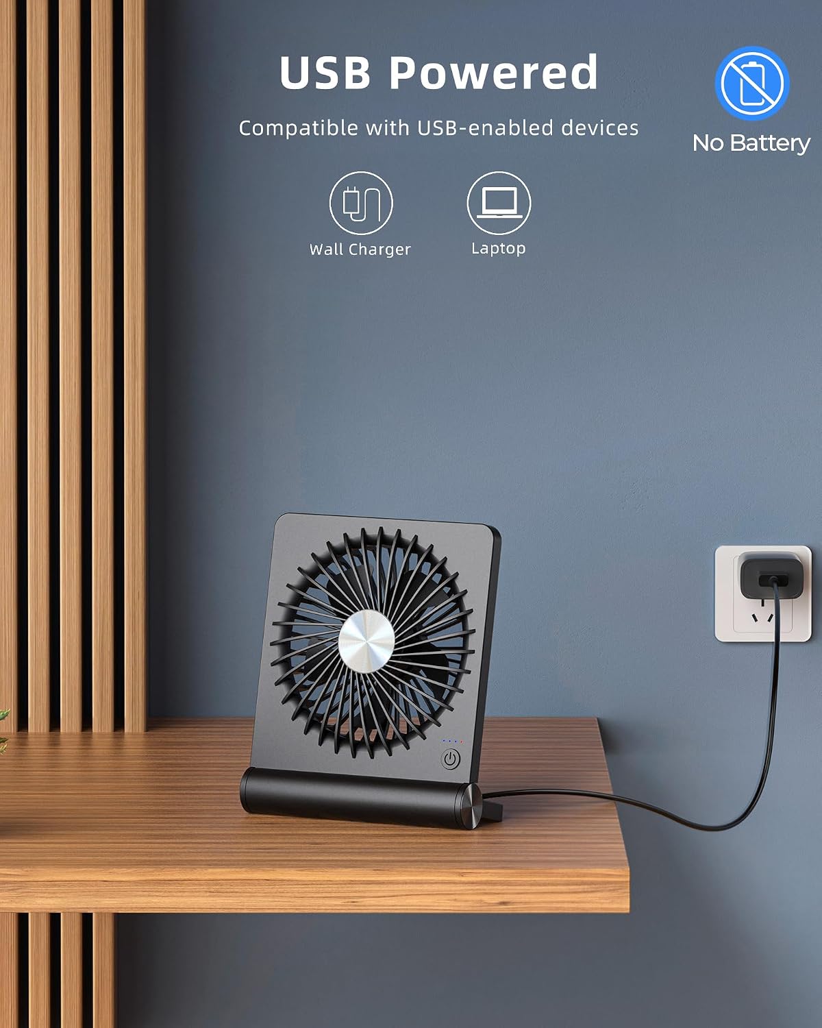 Koonie USB Desk Fan, Strong Wind Ultra Quiet Small Mini Fan | 220° Tilt Folding & 3 Speeds Adjustable, USB-C Powered Personal Fan for Home Office Desktop, Black, NO BATTERY