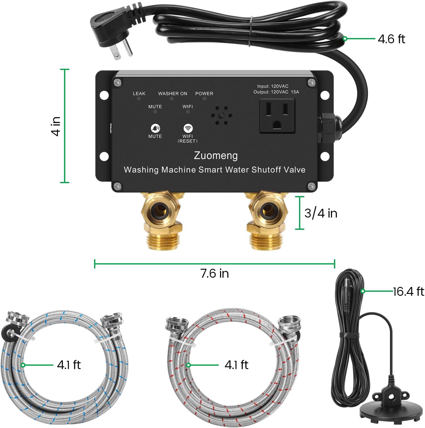 WiFi Smart Water Shutoff Valve with Leak Sensor, 3/4" Brass Valve & Extra Hose, Effortless Remote Control and Real-Time Water Leak Alerts via App