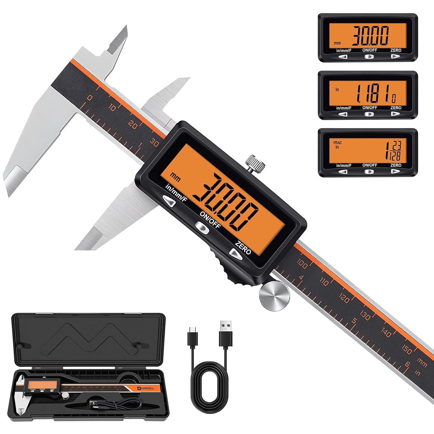 HARDELL Digital Caliper 6 Inch with Orange LCD, USB-C Calipers, Non-Backlit | Easy-read Orange LCD, Stainless Steel & USB-C Micrometer, Inch/mm/Fraction, Auto-Off. For DIY, 3D Printing, Hobbies