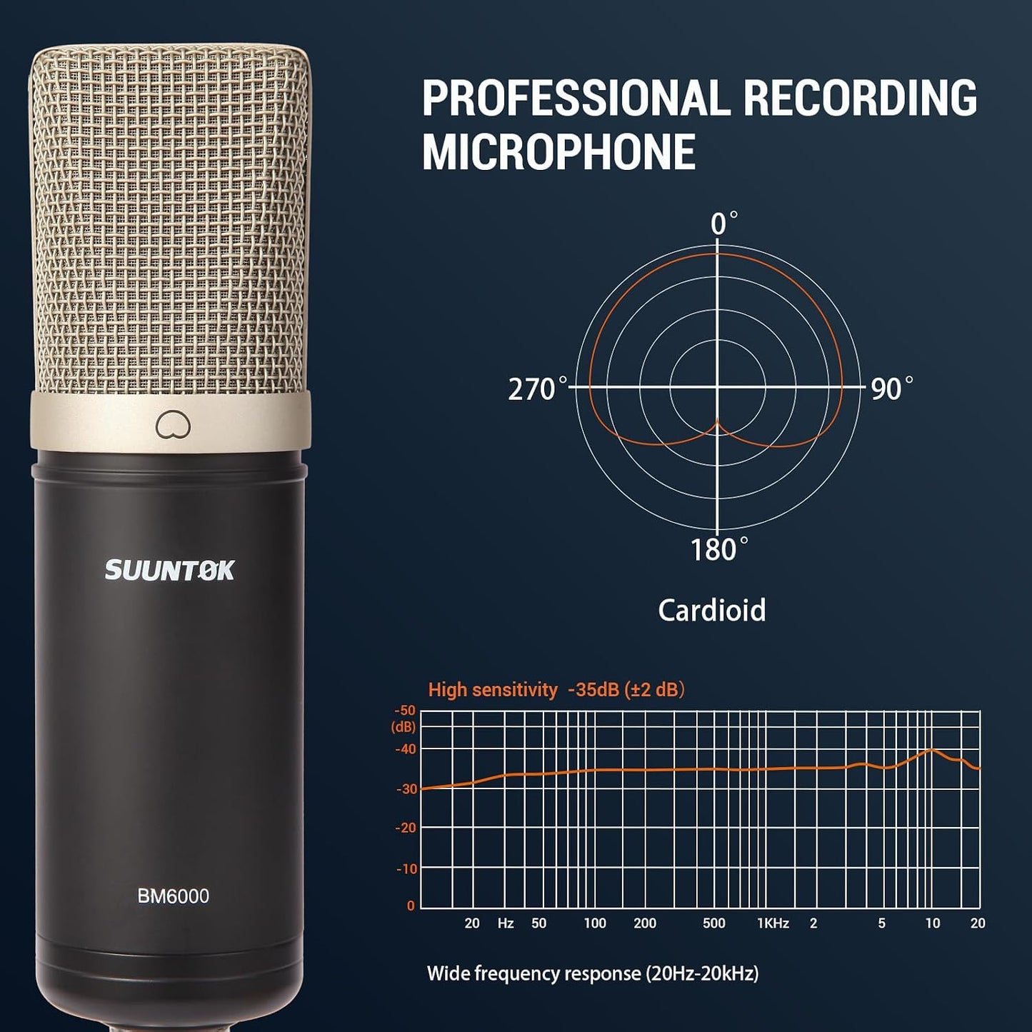Condenser Microphone XLR, Large Diaphgram Professional Recording Cardioid Microphone Kit w/Shock Mount, for Studio, Live Streaming, Podcasting, Voice-Over, You-Tube (Black)