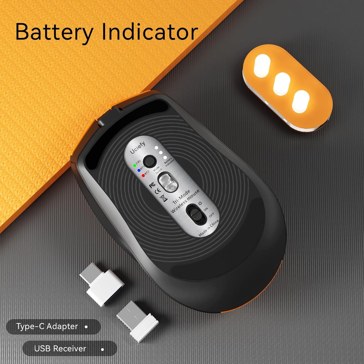 Uciefy Bluetooth Wireless Mouse, USB C Rechargeable Mice for Laptop-Orange | Tri-Mode BT5.0/5.1+2.4GHz, LED, Battery Level Visible, Honeycomb Magnetic Shell Cover, Portable, USB Receiver,Type C Adapter