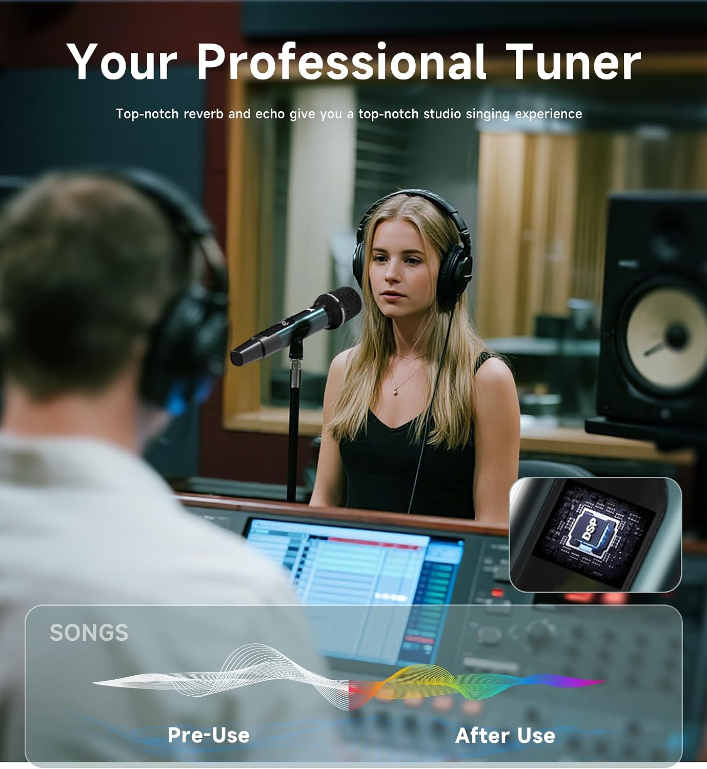 Wireless Microphone, Metal Dynamic Wireless Microphones with One-to-One Chip Connection and Rechargeable Receiver, 40H Duration, 200FT Range Receiving, Volume Control Karaoke Microphone for Singing