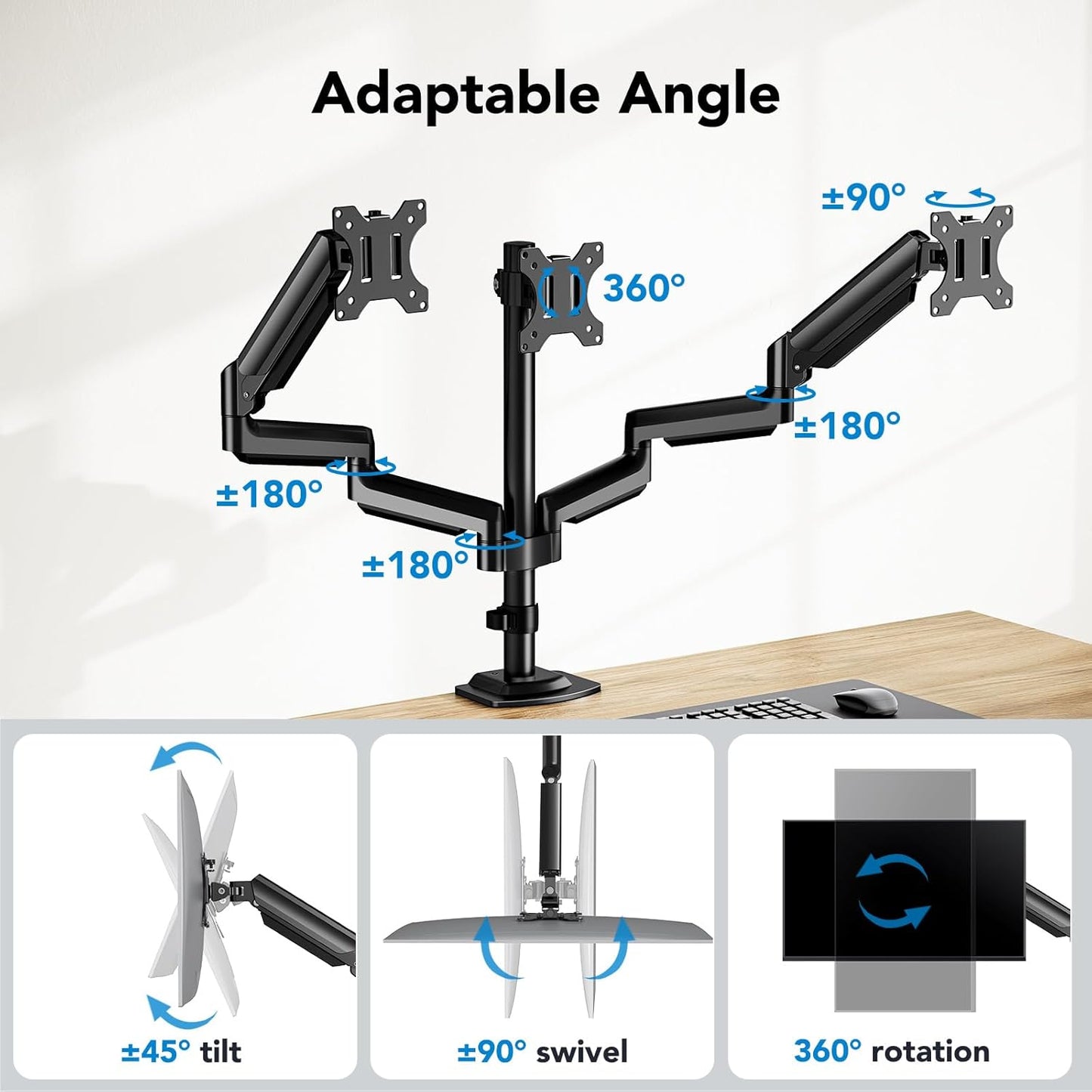HUANUO Triple Monitor Mount for 13-27 inch Computer Screens, Gaming 3 Monitor Desk Mount with Arm Holds 19.8lbs, Triple Monitors Stand with Tilt, Swivel, Rotation, VESA 75x75, 100x100mm