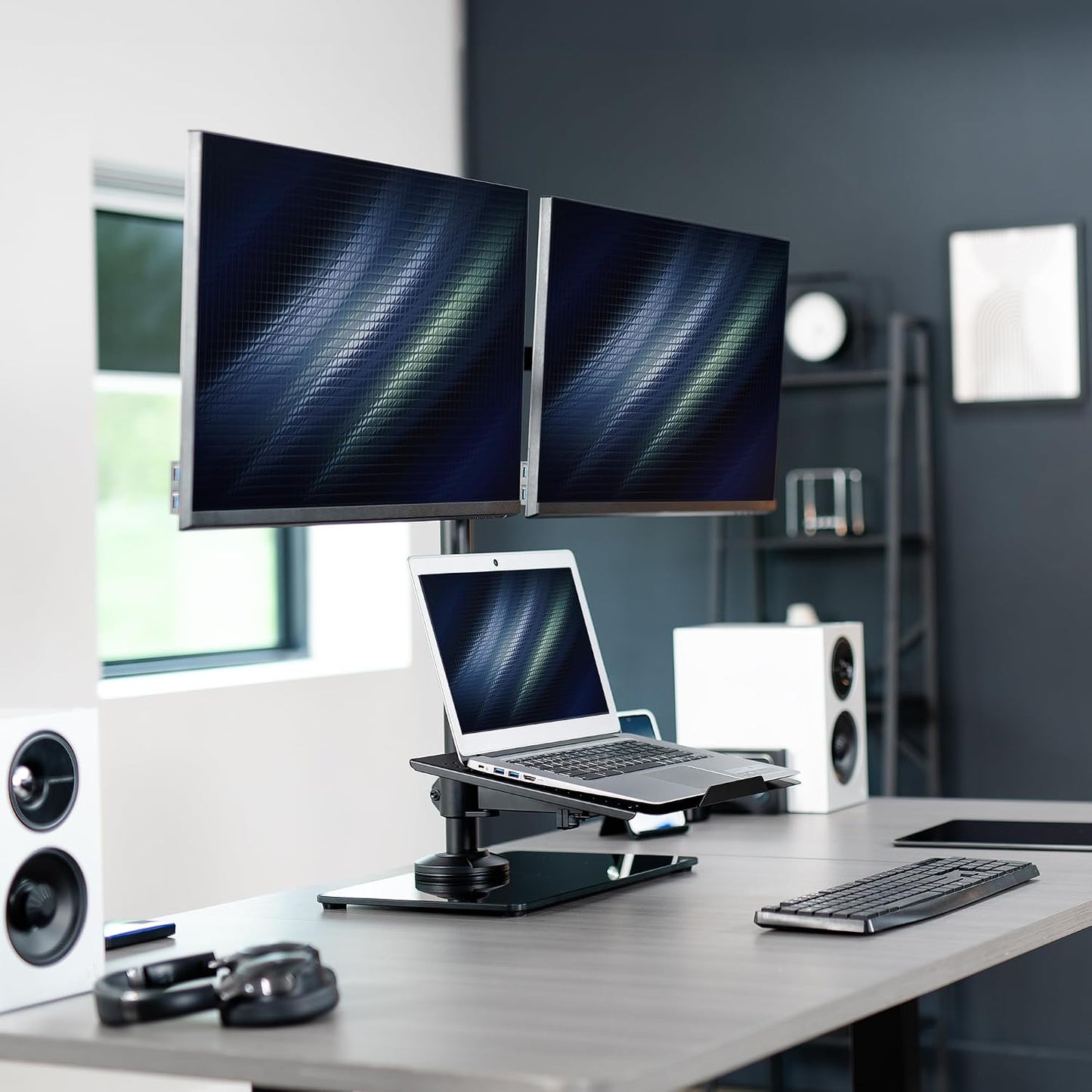 VIVO Freestanding Dual Computer Monitor and Laptop Combo Desk Stand with Glass Base, Fits up to 32 inch Monitors and 17 inch Laptops, Black, STAND-V003FGL